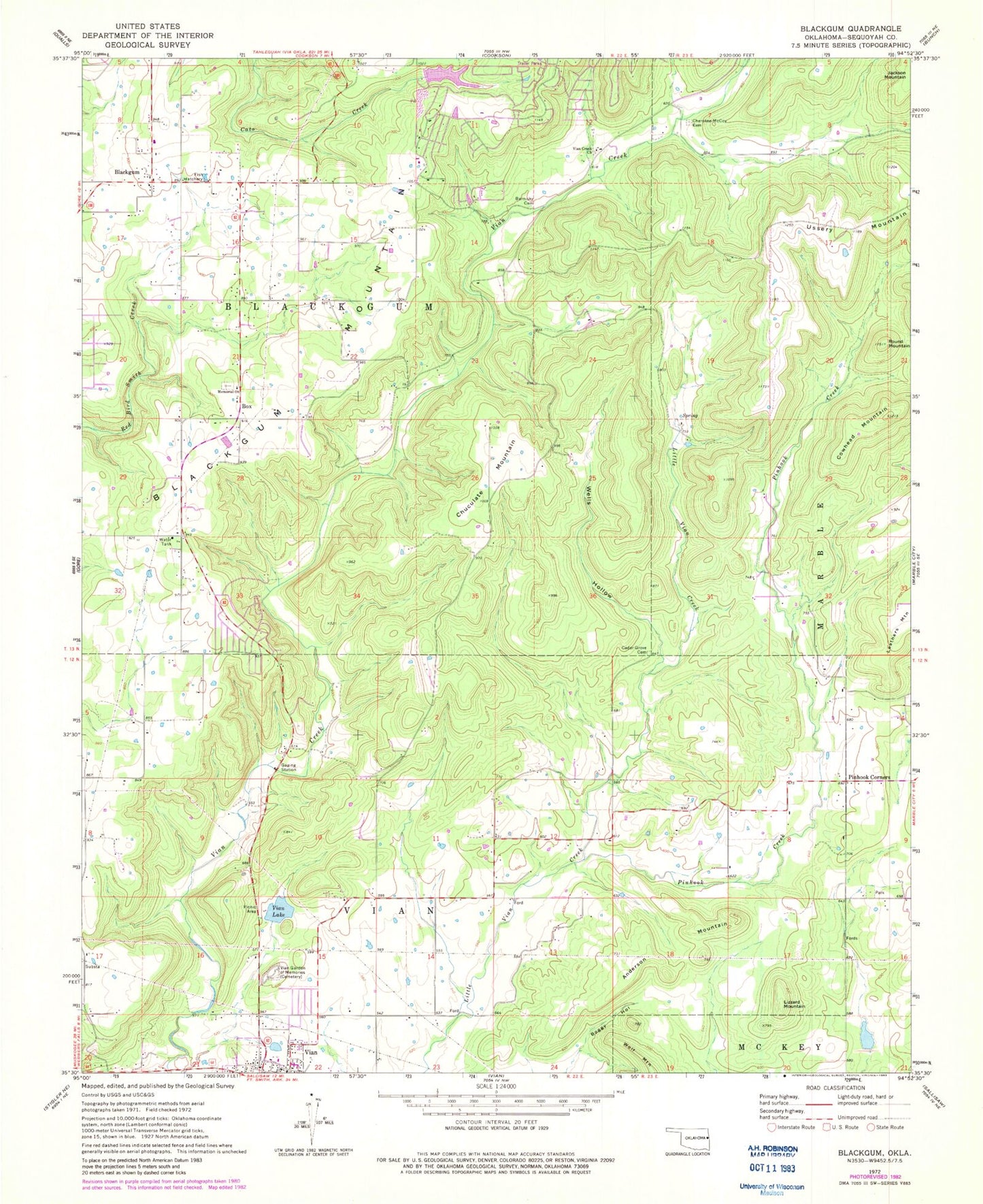 Classic USGS Blackgum Oklahoma 7.5'x7.5' Topo Map Image