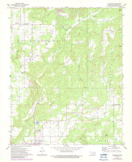 Classic USGS Blackgum Oklahoma 7.5'x7.5' Topo Map Image