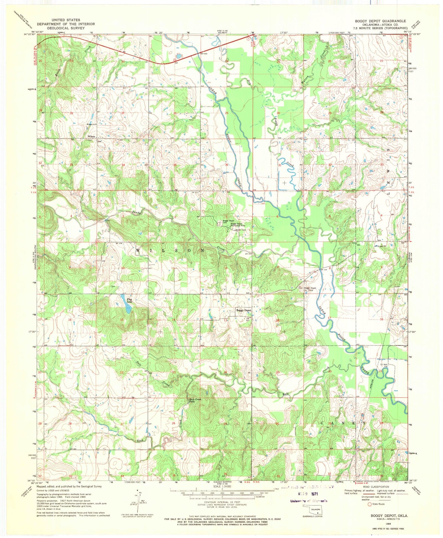 Classic USGS Boggy Depot Oklahoma 7.5'x7.5' Topo Map Image