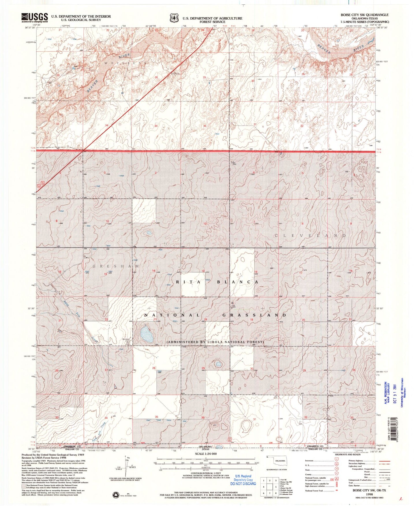 Classic USGS Boise City SW Oklahoma 7.5'x7.5' Topo Map Image