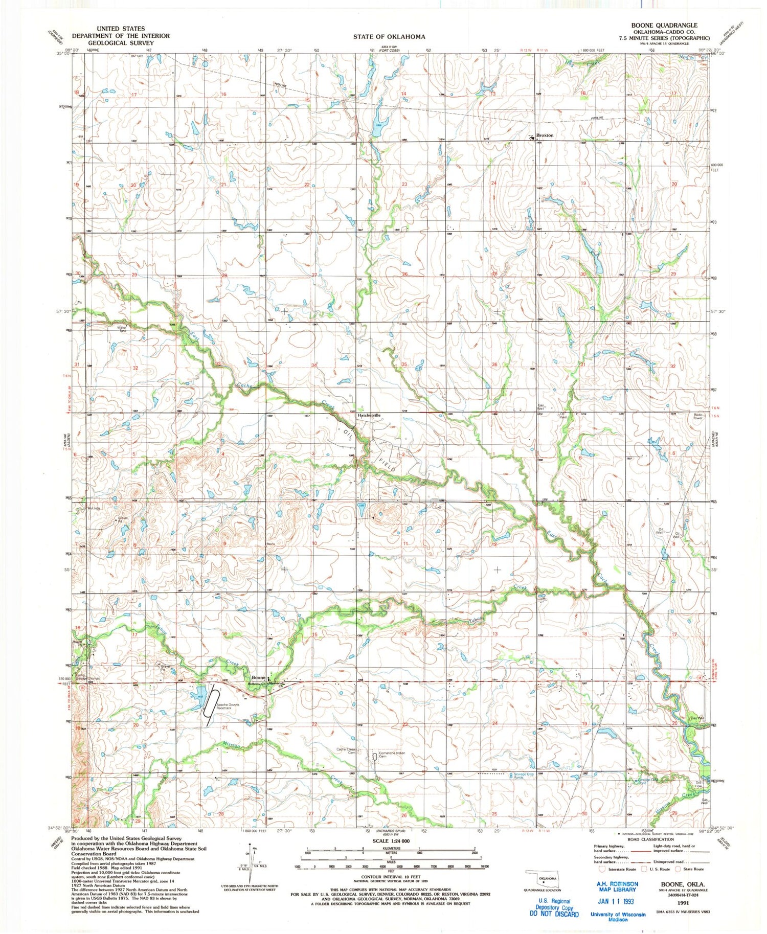 Classic USGS Boone Oklahoma 7.5'x7.5' Topo Map Image