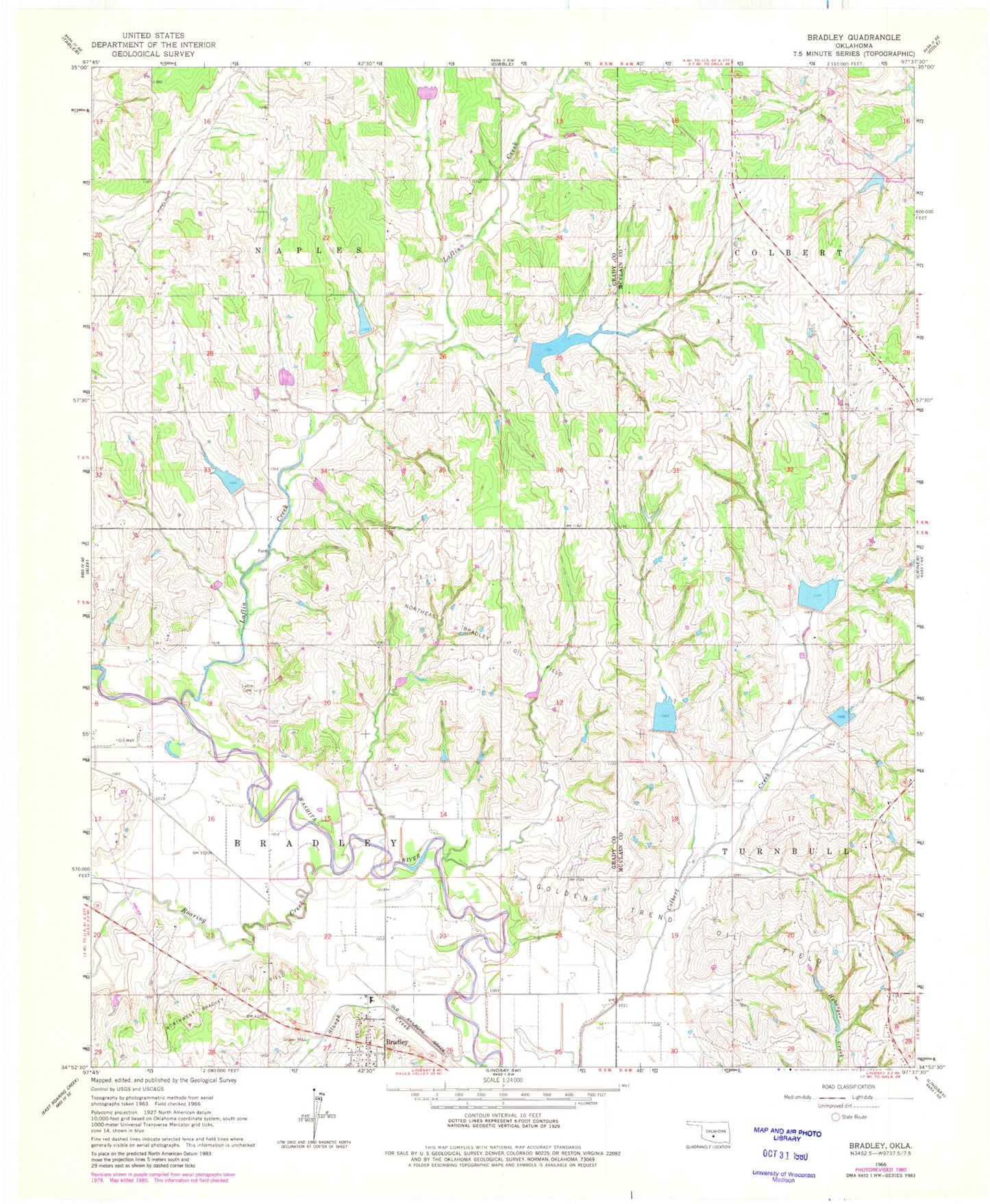 Classic USGS Bradley Oklahoma 7.5'x7.5' Topo Map Image