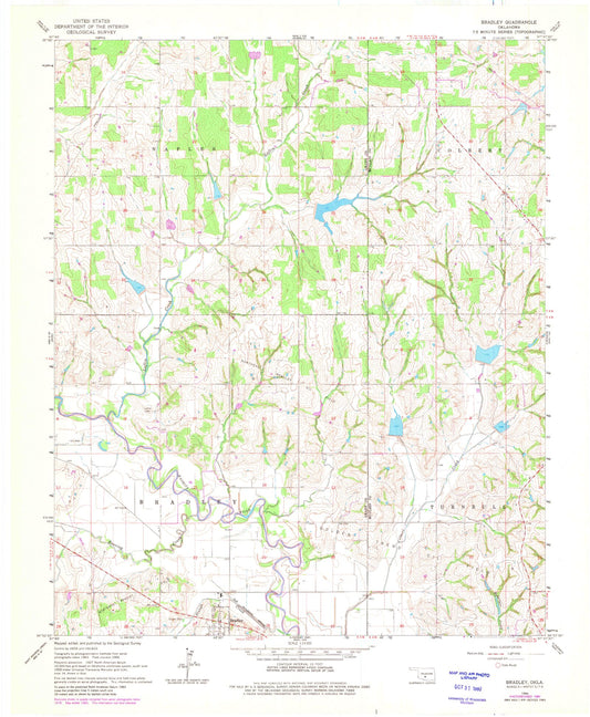 Classic USGS Bradley Oklahoma 7.5'x7.5' Topo Map Image