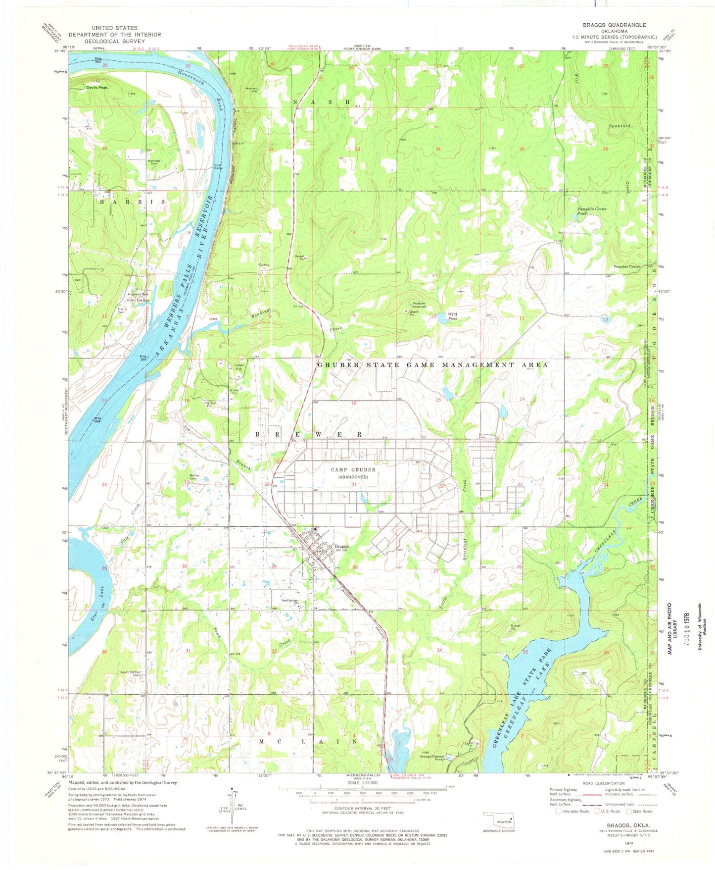Classic USGS Braggs Oklahoma 7.5'x7.5' Topo Map Image