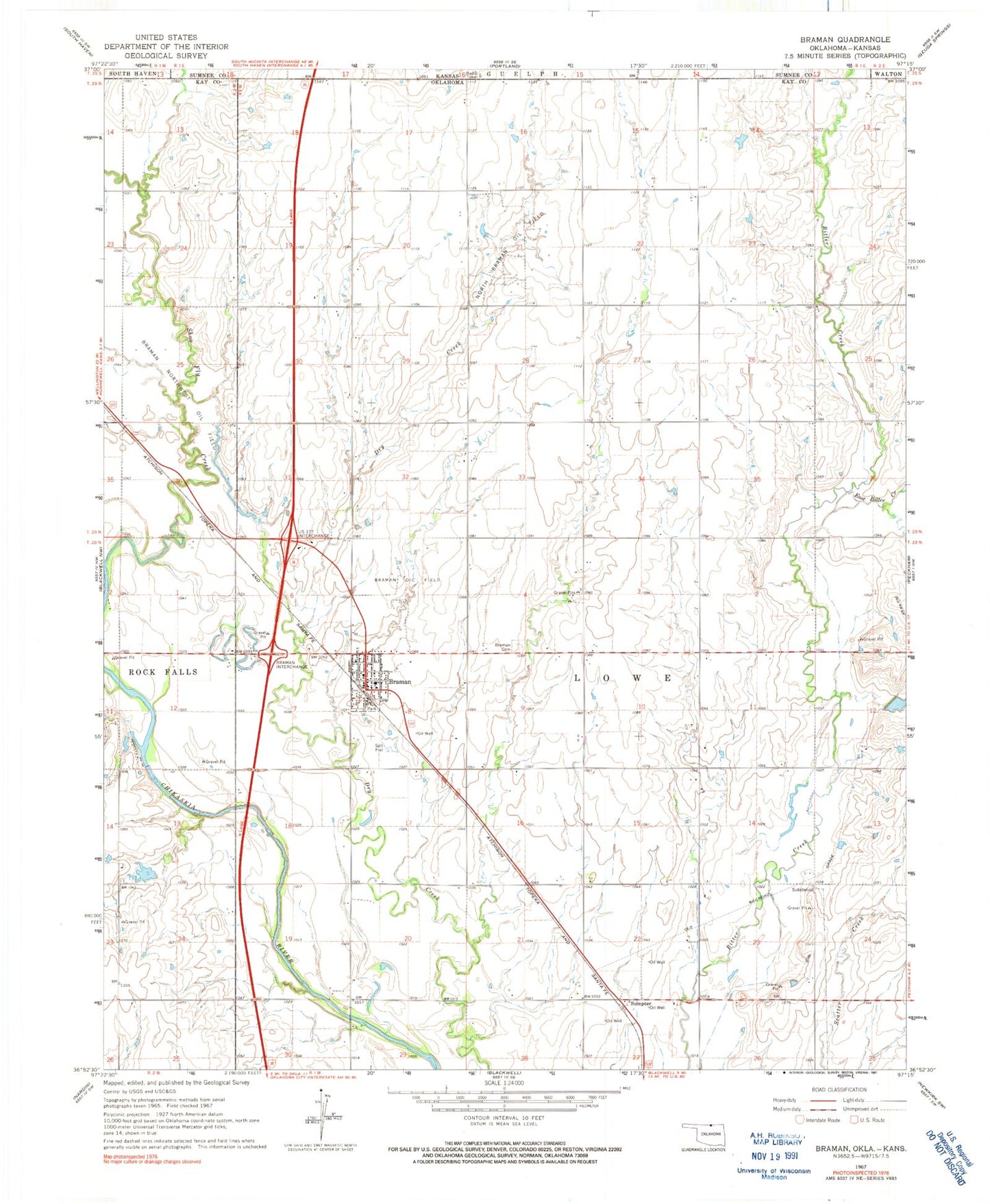 Classic USGS Braman Oklahoma 7.5'x7.5' Topo Map Image