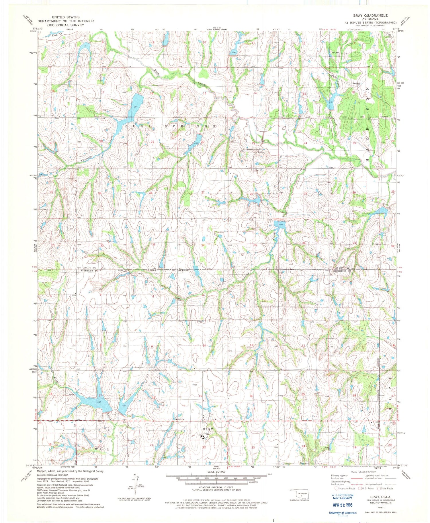 Classic USGS Bray Oklahoma 7.5'x7.5' Topo Map Image