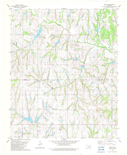 Classic USGS Bray Oklahoma 7.5'x7.5' Topo Map Image