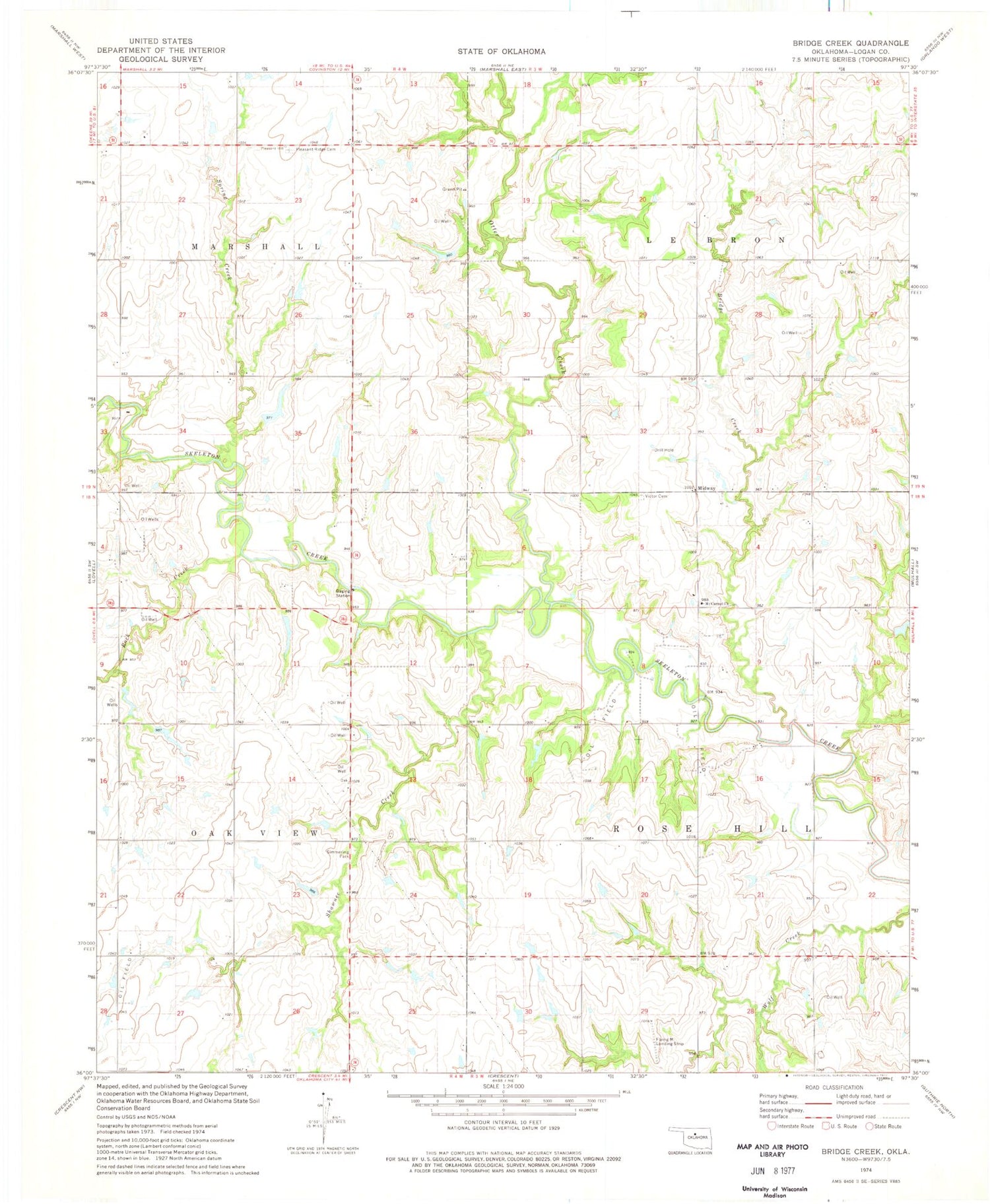 Classic USGS Bridge Creek Oklahoma 7.5'x7.5' Topo Map Image