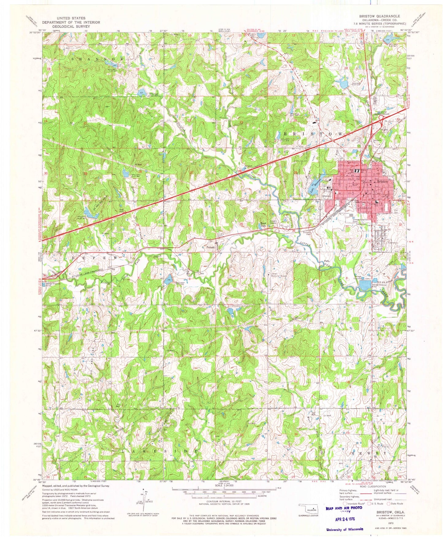 Classic USGS Bristow Oklahoma 7.5'x7.5' Topo Map Image
