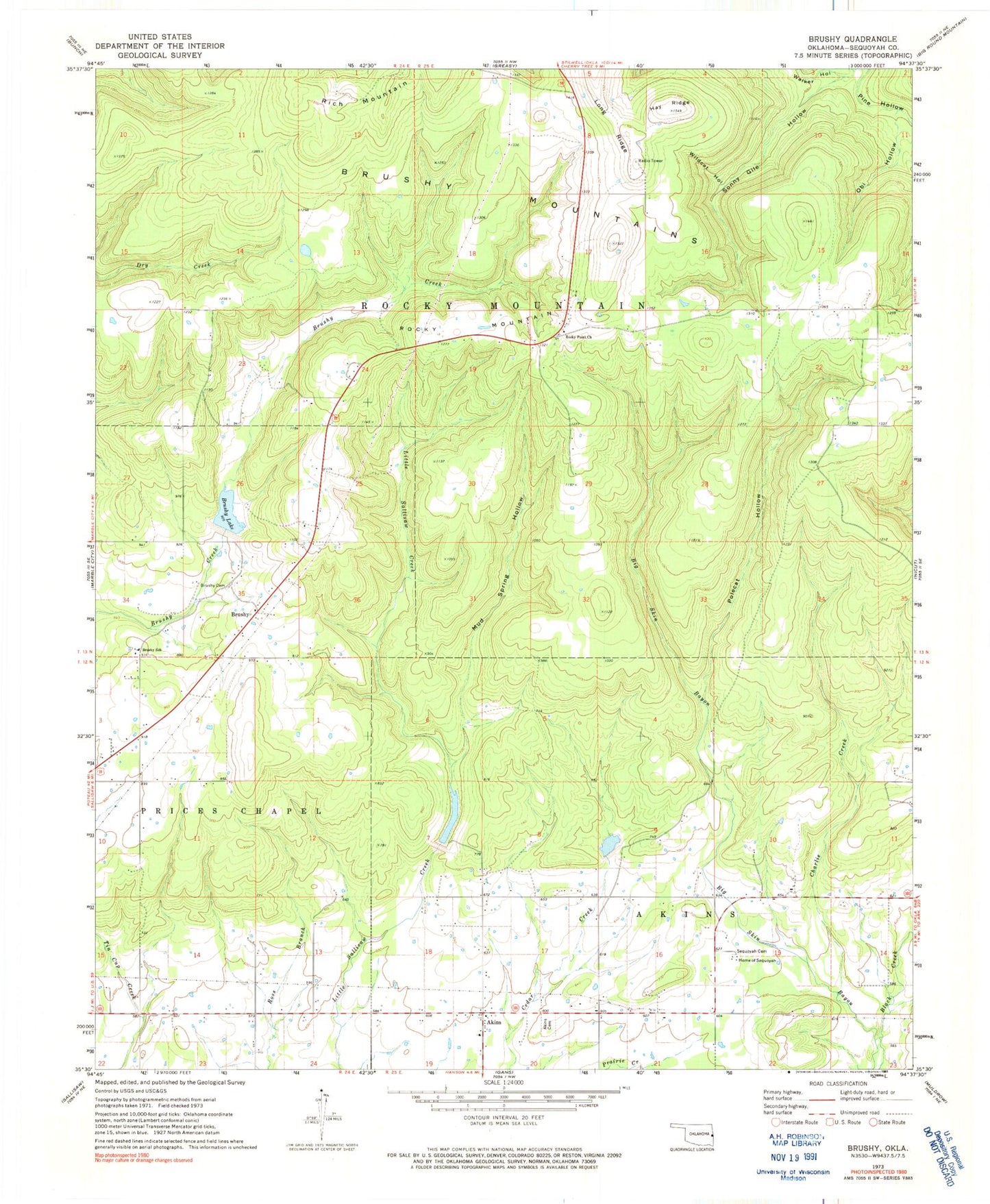 Classic USGS Brushy Oklahoma 7.5'x7.5' Topo Map Image