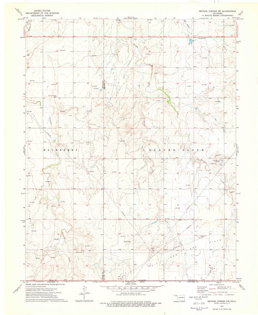 Classic USGS Bryans Corner SW Oklahoma 7.5'x7.5' Topo Map Image