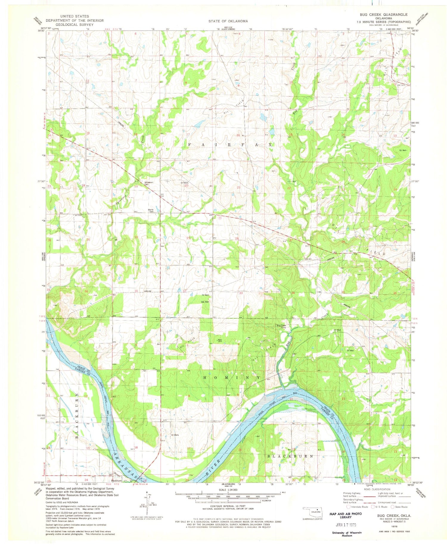 Classic USGS Bug Creek Oklahoma 7.5'x7.5' Topo Map Image