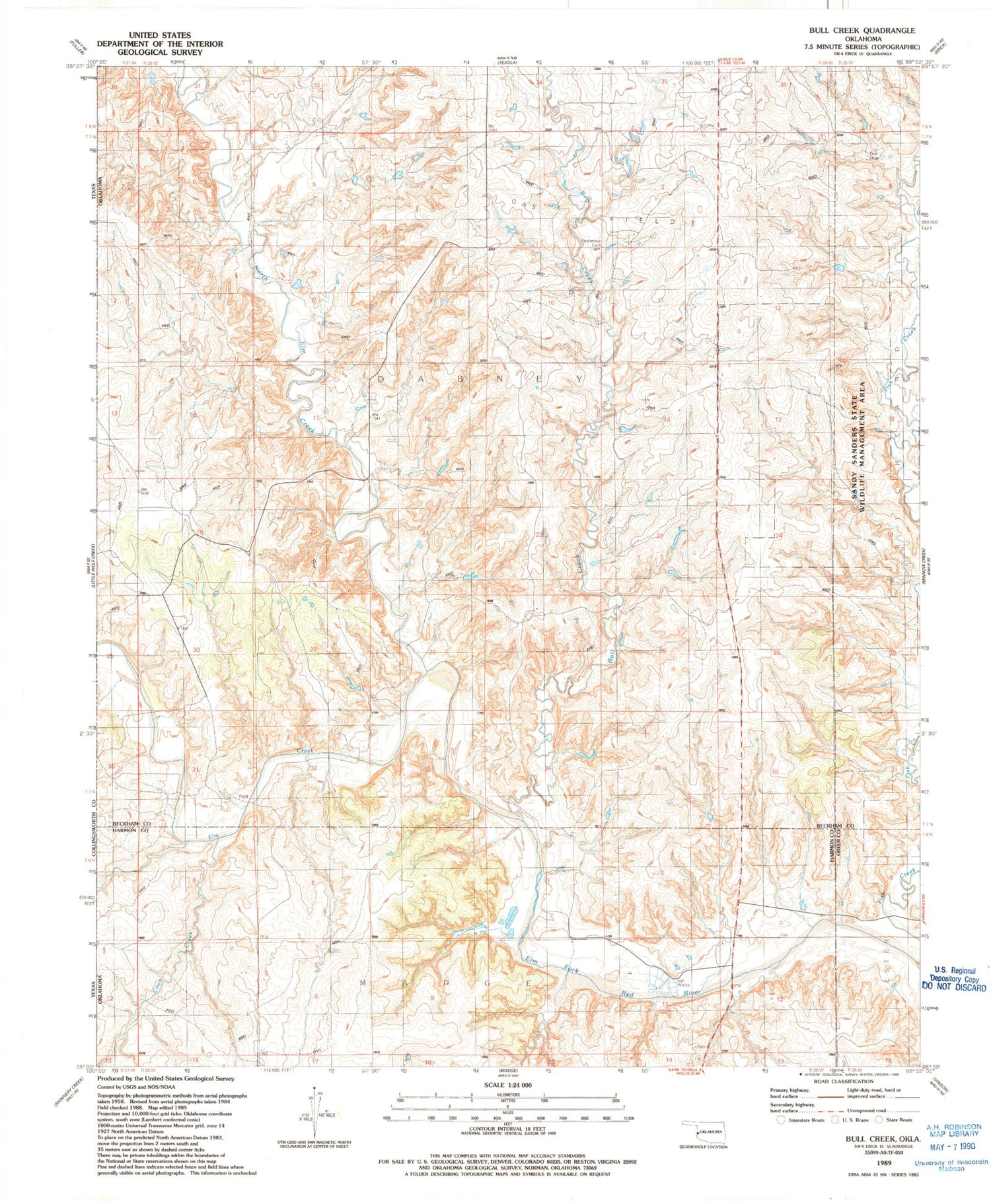 Classic USGS Bull Creek Oklahoma 7.5'x7.5' Topo Map Image