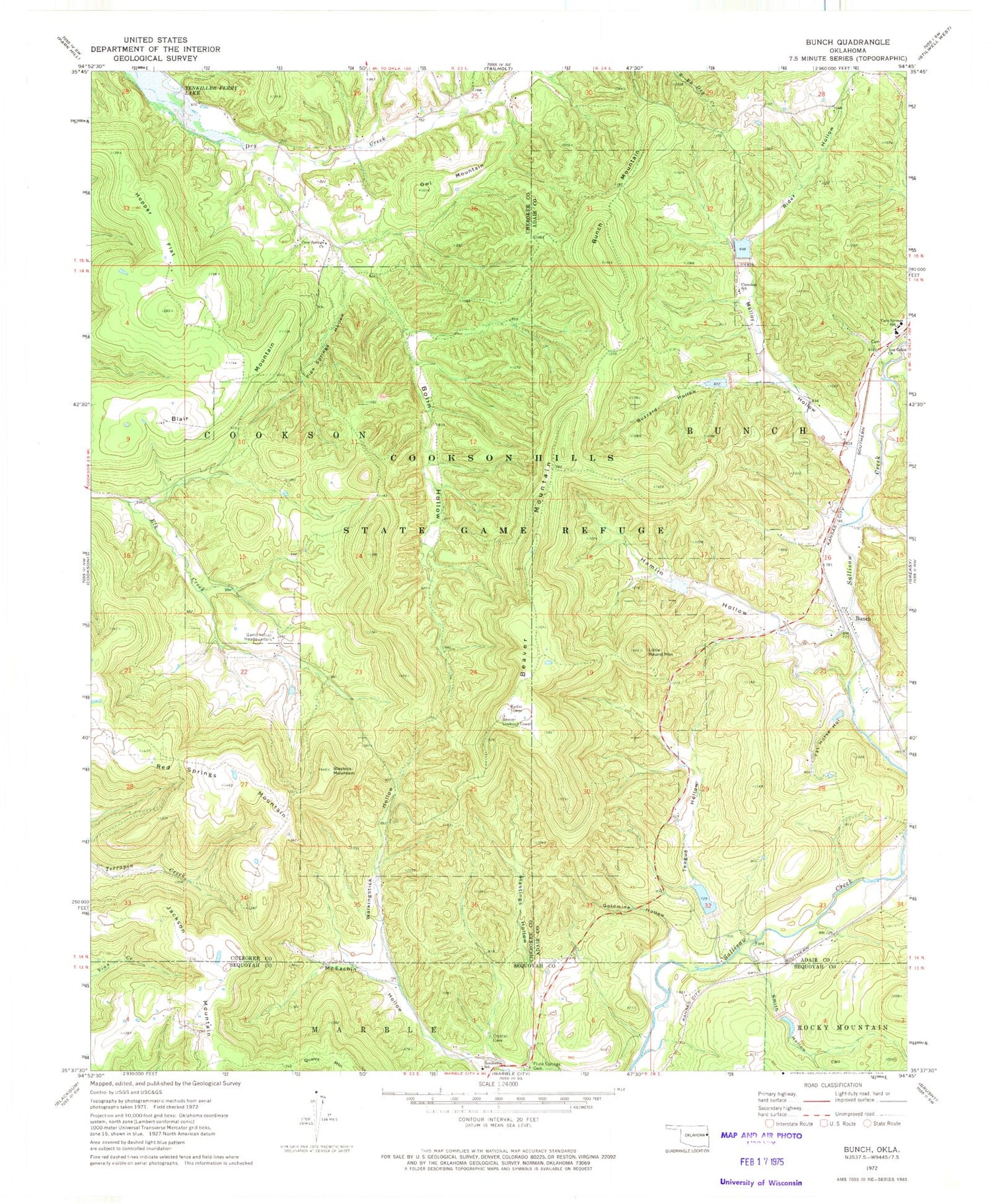 Classic USGS Bunch Oklahoma 7.5'x7.5' Topo Map Image
