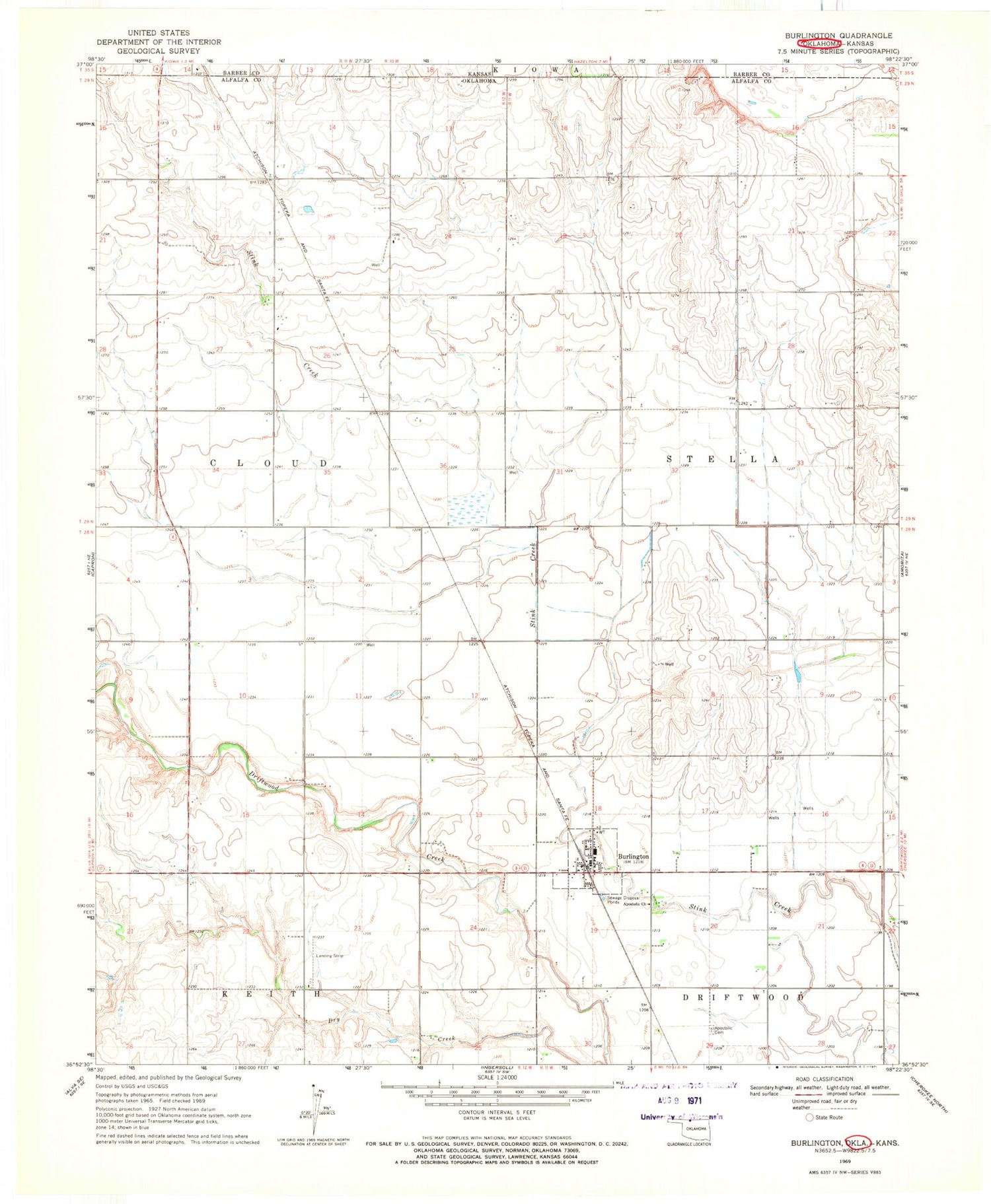 Classic USGS Burlington Oklahoma 7.5'x7.5' Topo Map Image