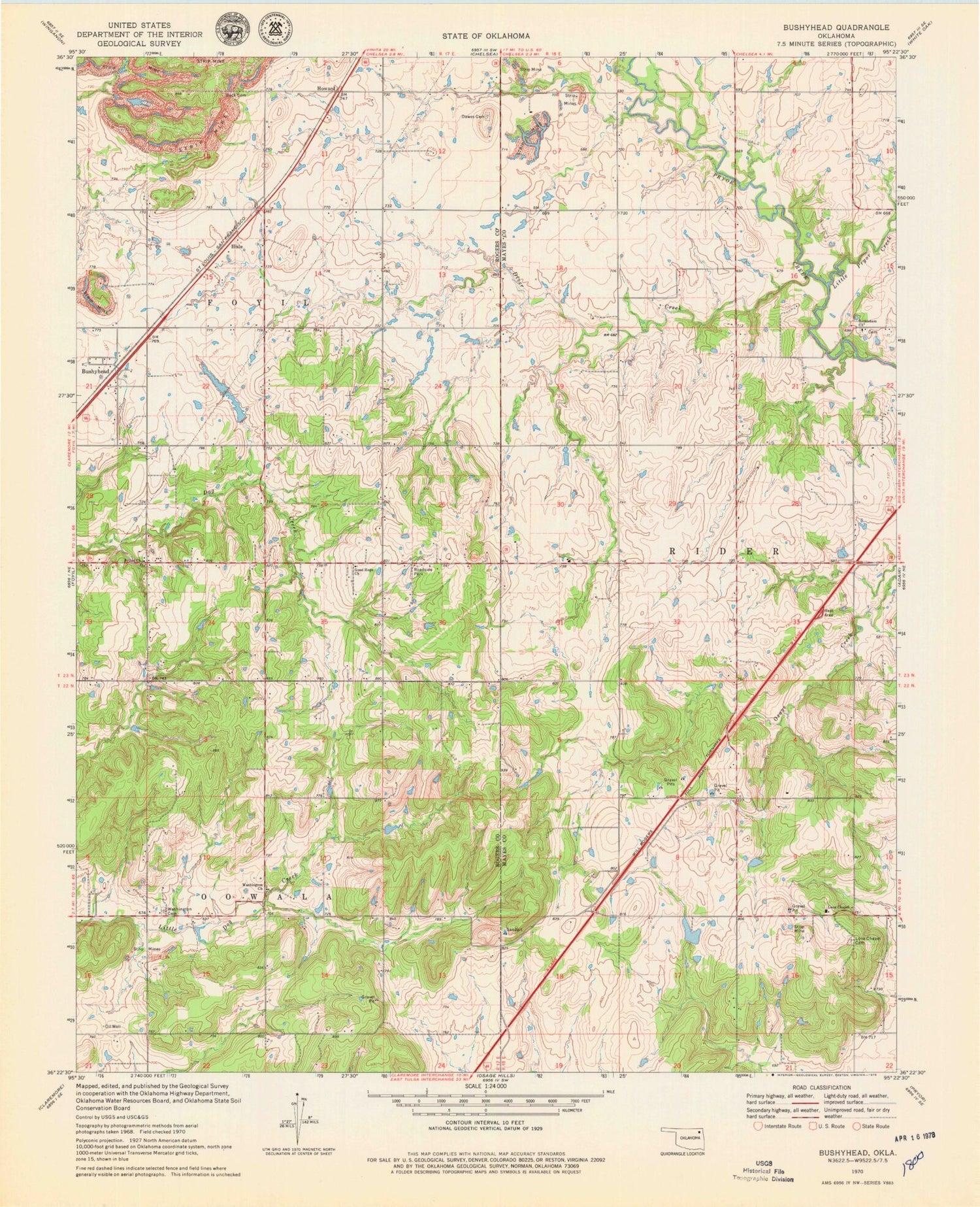Classic USGS Bushyhead Oklahoma 7.5'x7.5' Topo Map Image