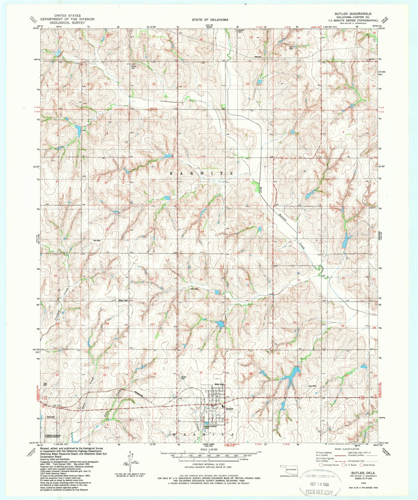 Classic USGS Butler Oklahoma 7.5'x7.5' Topo Map Image