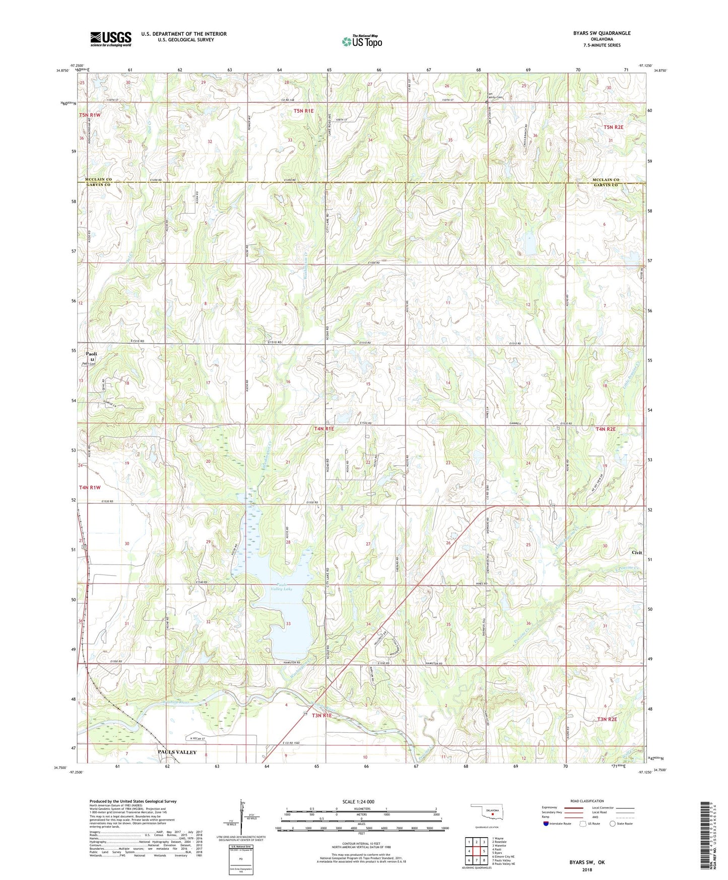 Byars SW Oklahoma US Topo Map Image
