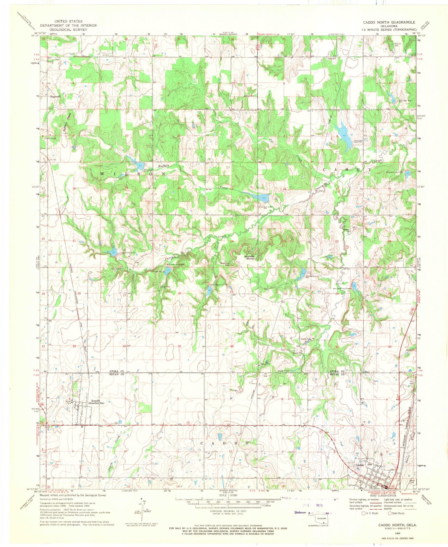 Classic USGS Caddo North Oklahoma 7.5'x7.5' Topo Map Image