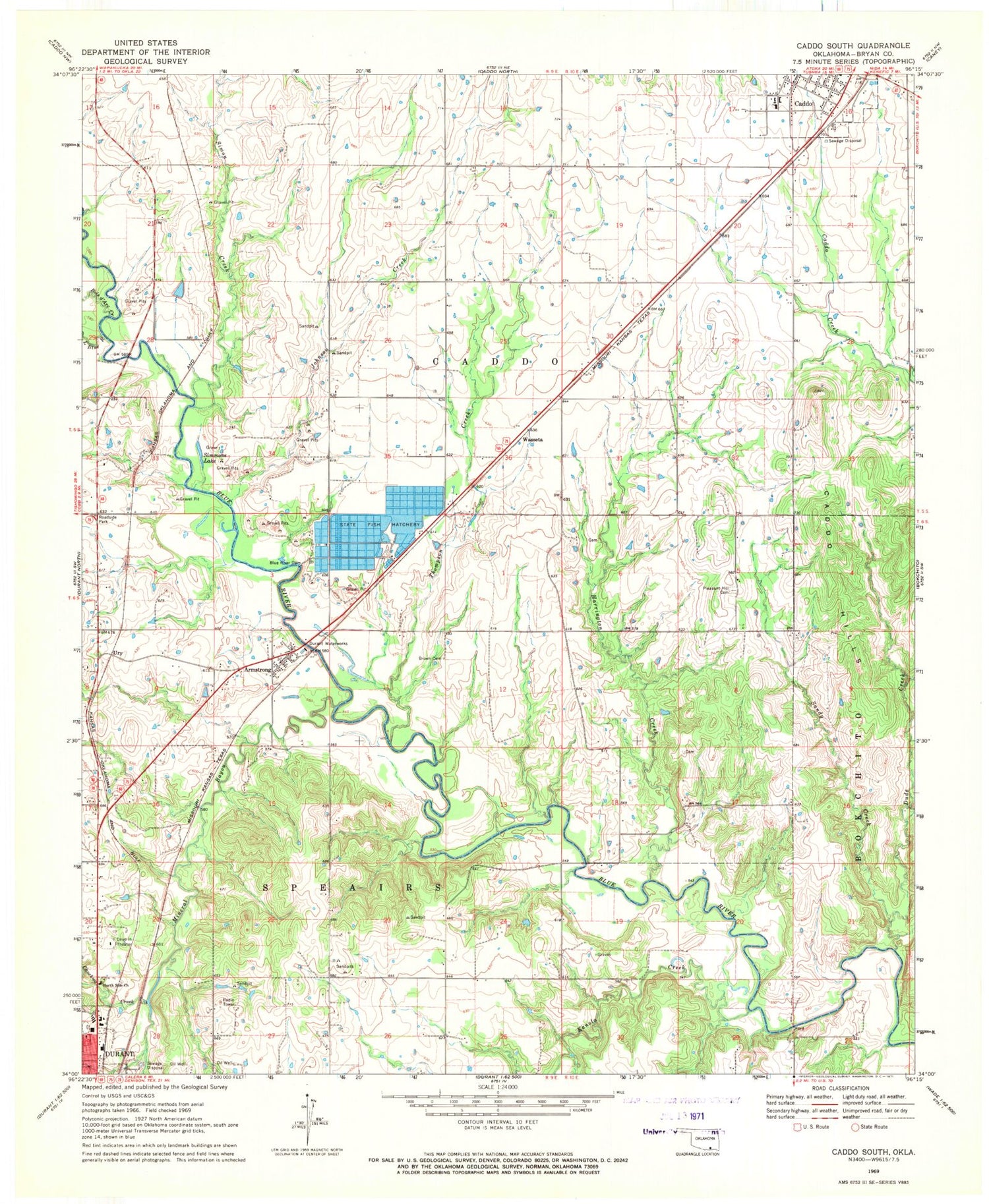 Classic USGS Caddo South Oklahoma 7.5'x7.5' Topo Map Image