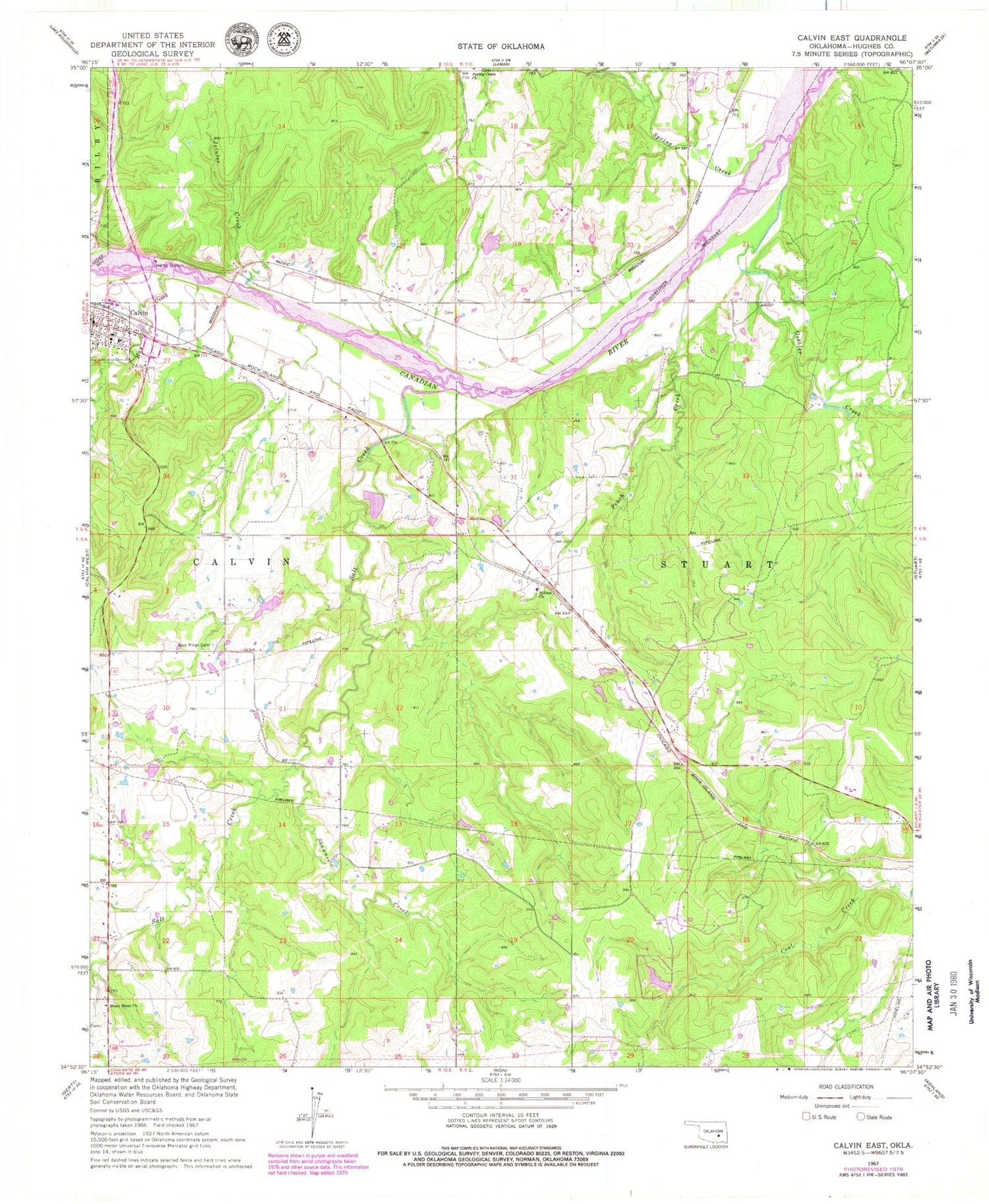 Classic USGS Calvin East Oklahoma 7.5'x7.5' Topo Map Image