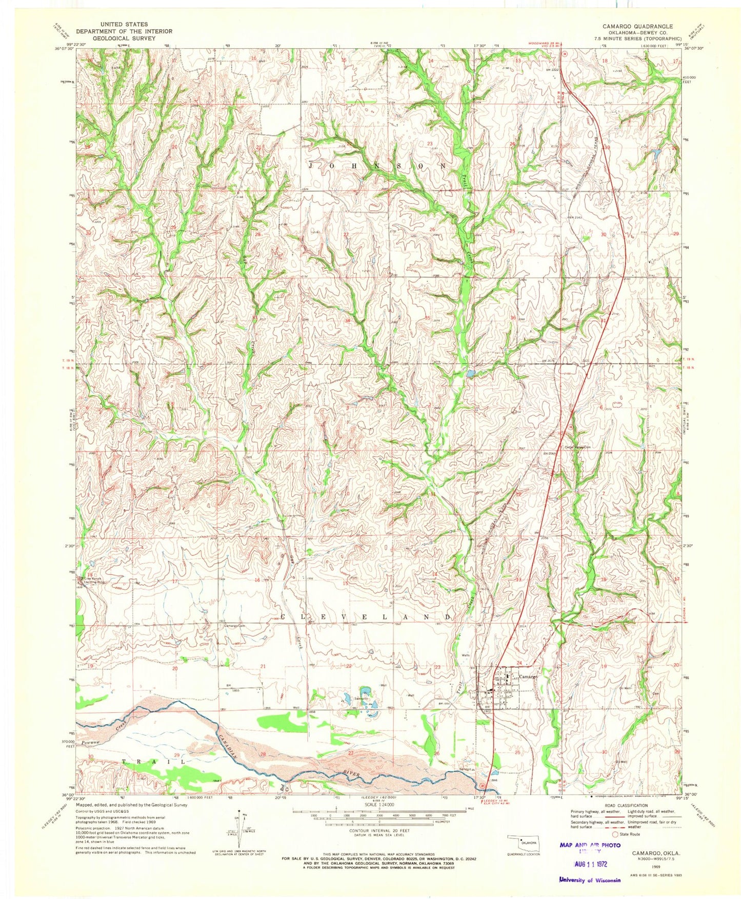 Classic USGS Camargo Oklahoma 7.5'x7.5' Topo Map Image