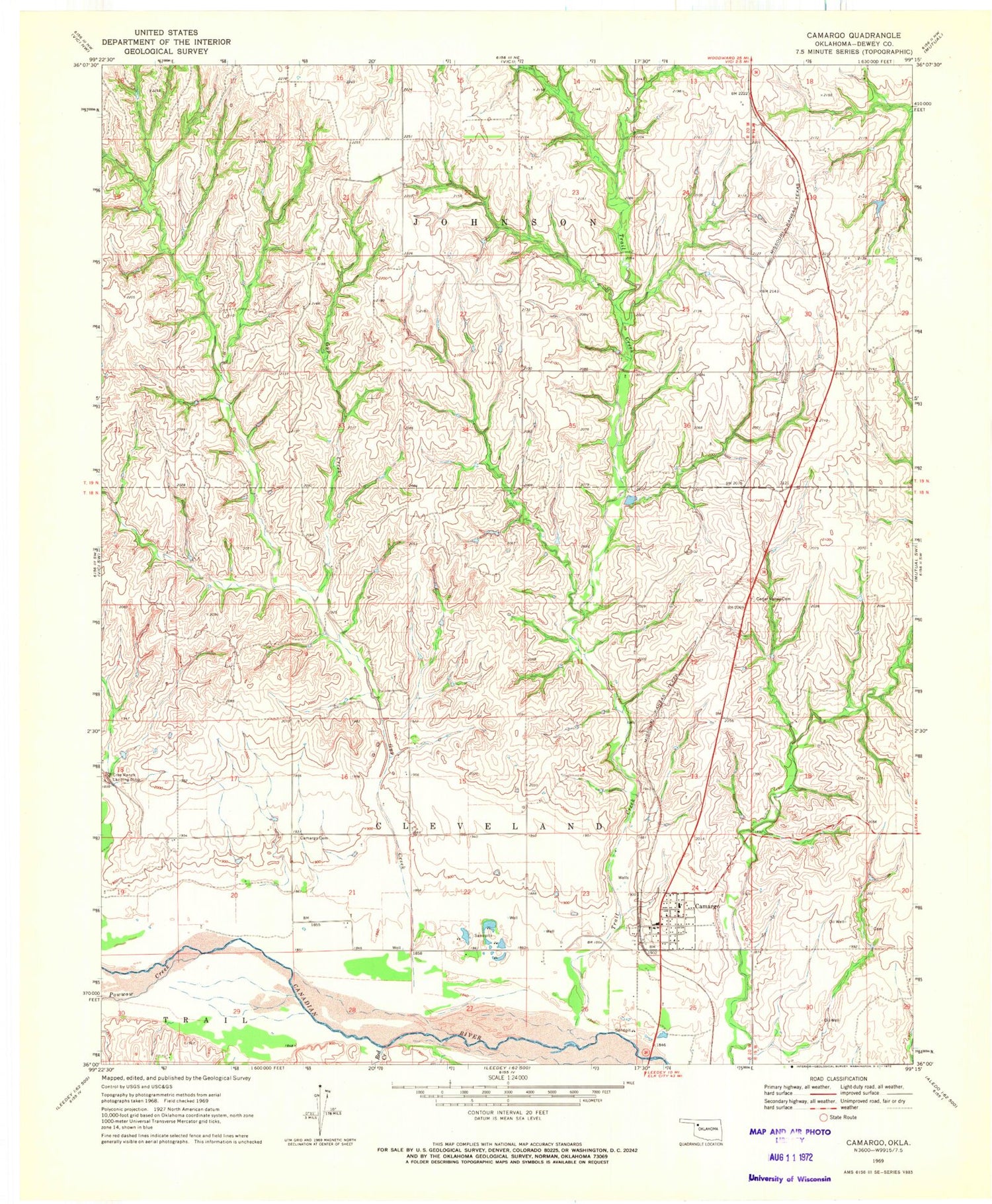 Classic USGS Camargo Oklahoma 7.5'x7.5' Topo Map Image