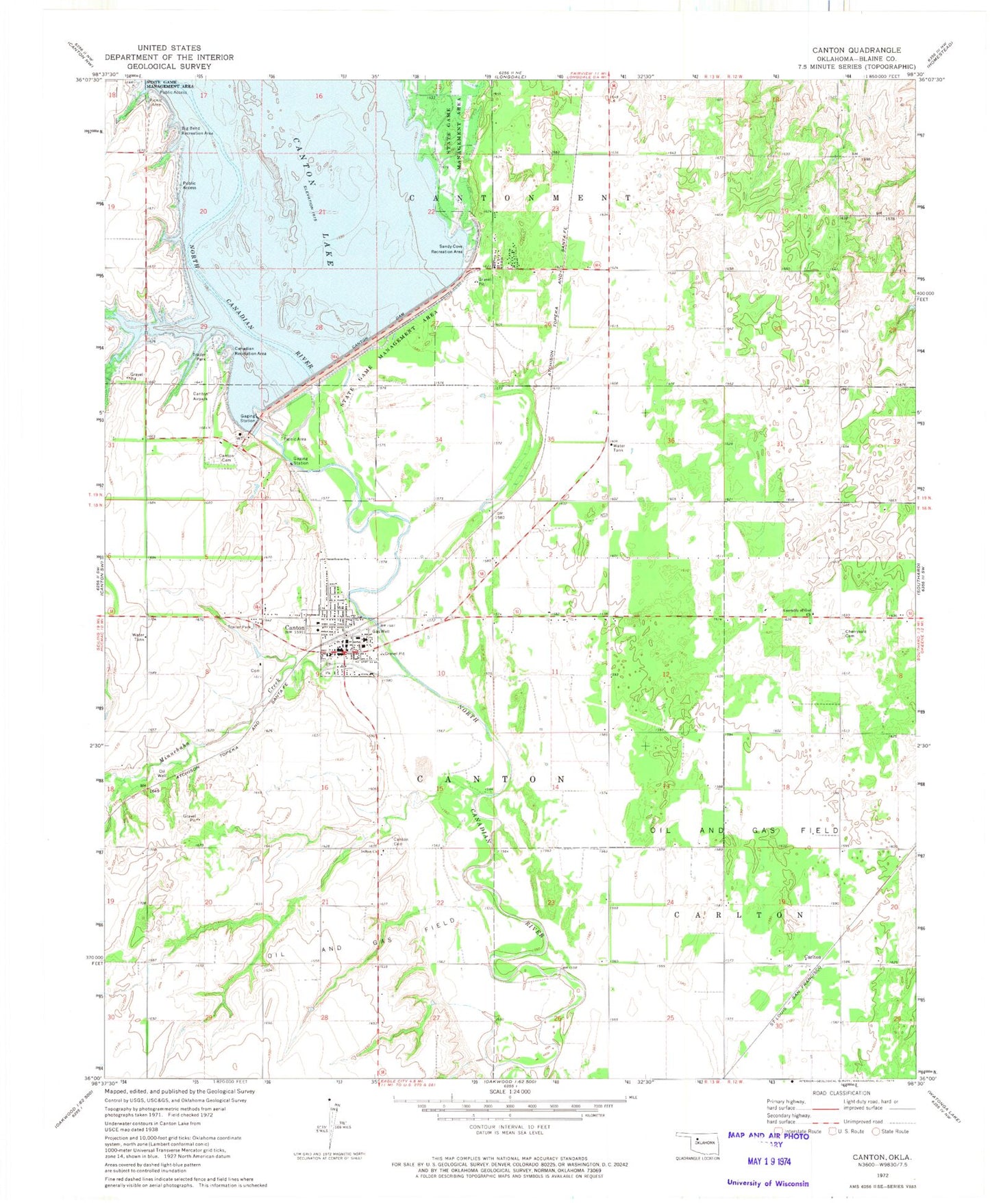 Classic USGS Canton Oklahoma 7.5'x7.5' Topo Map Image