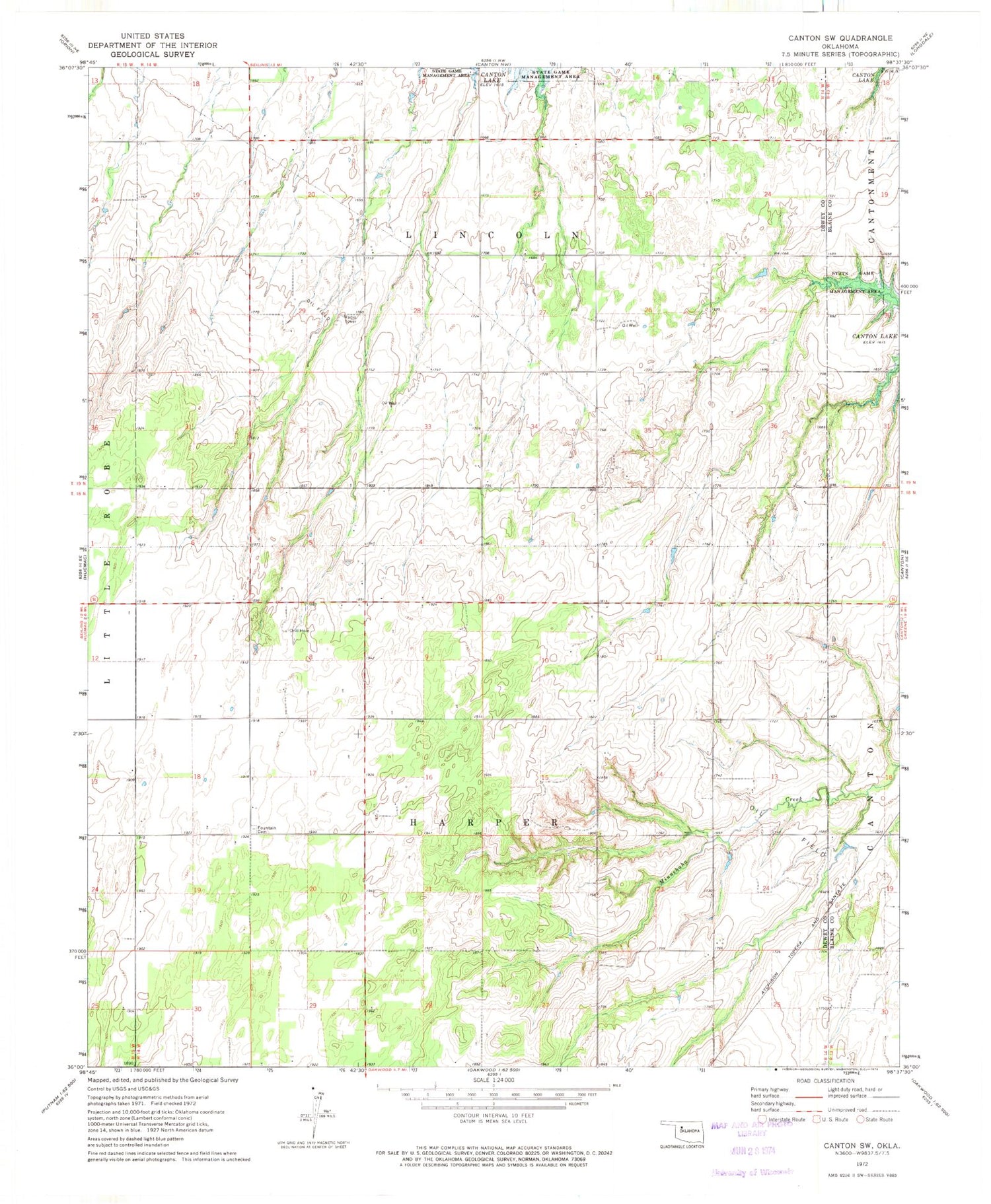 Classic USGS Canton SW Oklahoma 7.5'x7.5' Topo Map Image