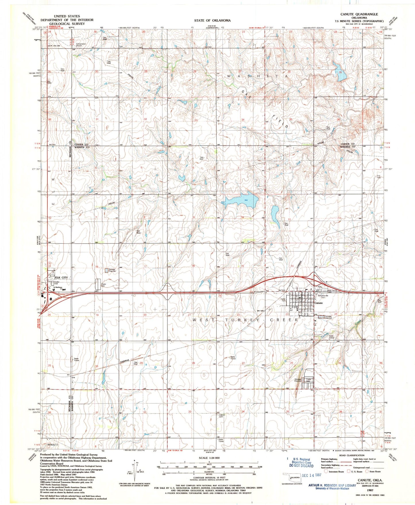 Classic USGS Canute Oklahoma 7.5'x7.5' Topo Map Image