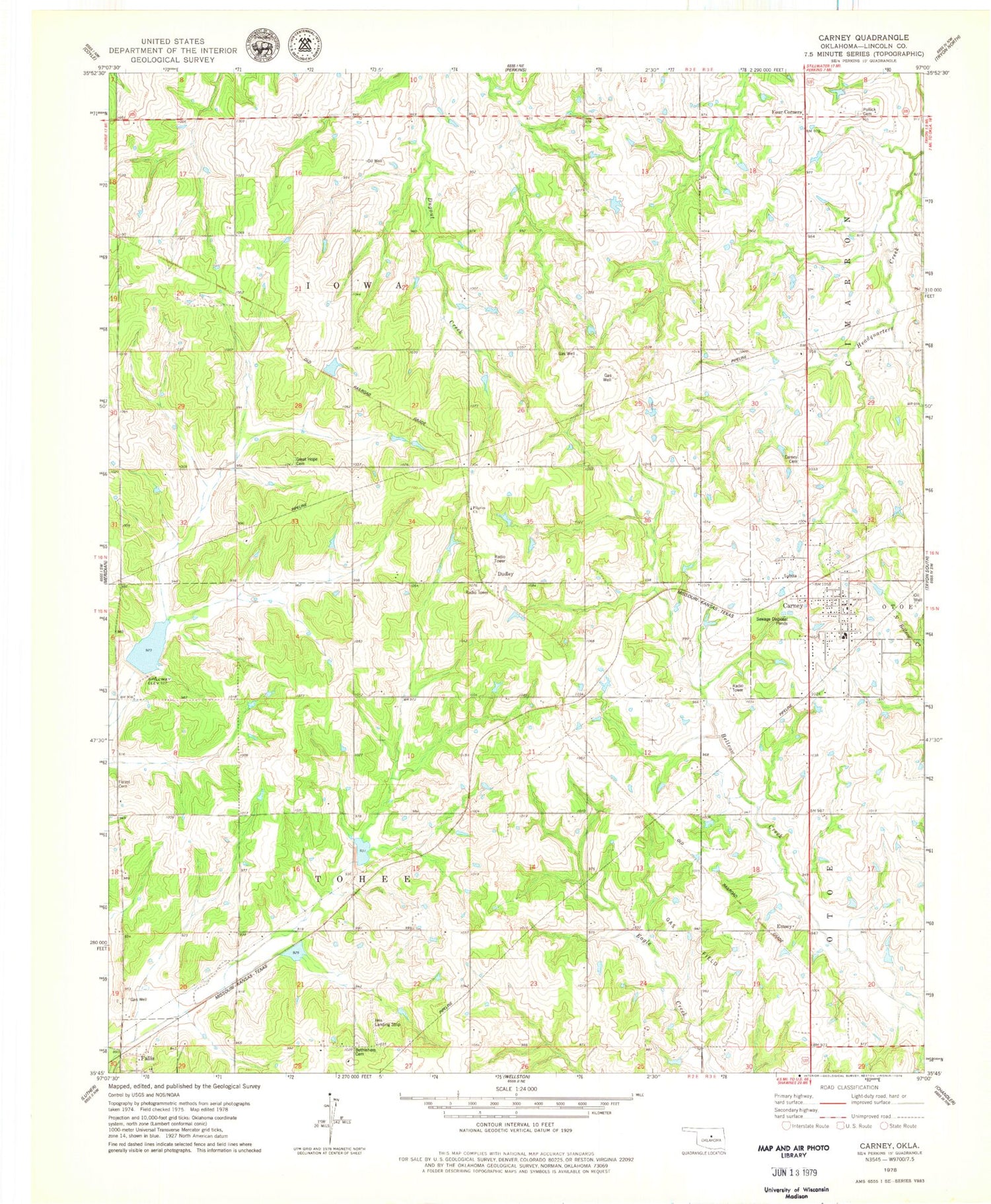 Classic USGS Carney Oklahoma 7.5'x7.5' Topo Map Image