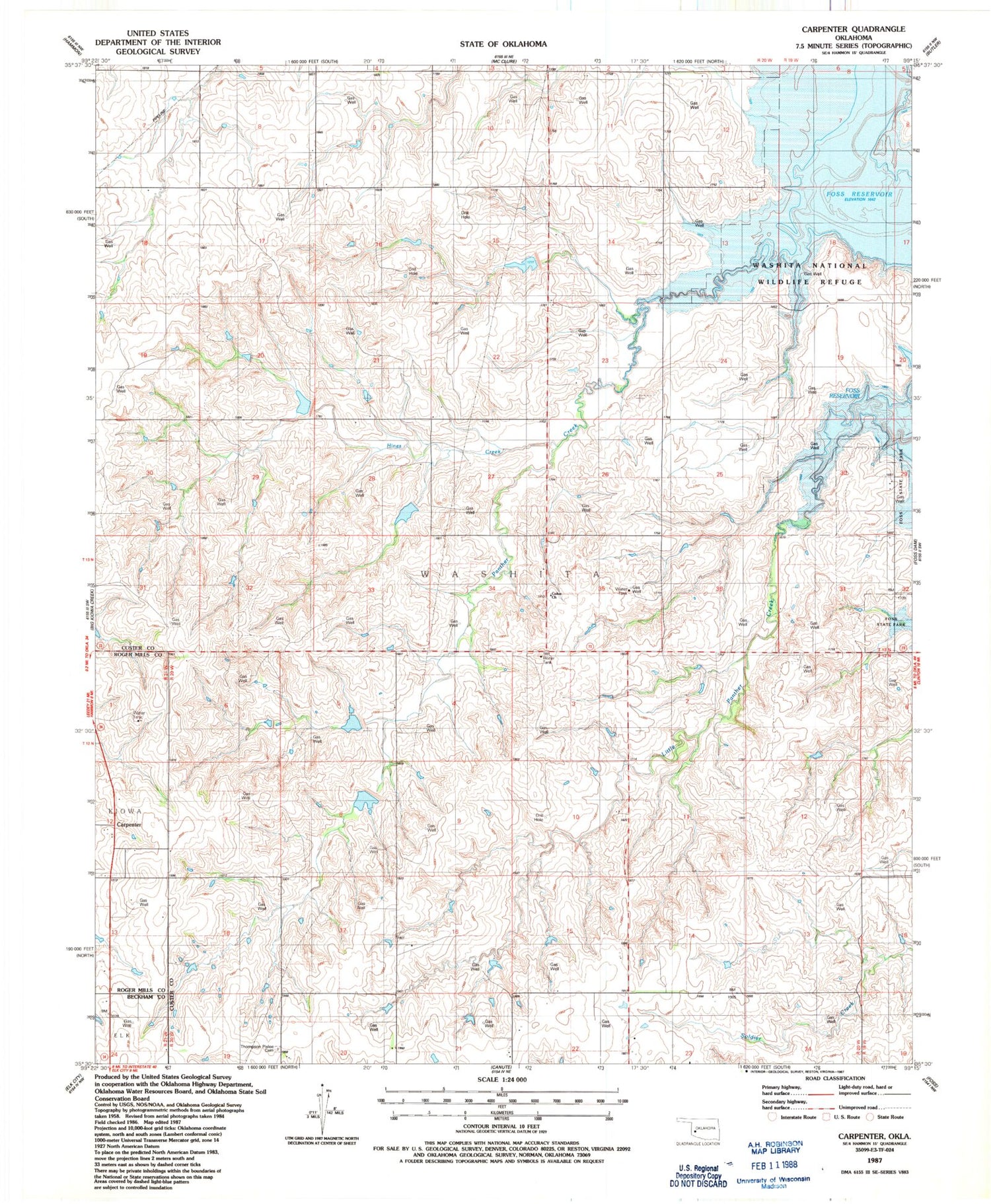 Classic USGS Carpenter Oklahoma 7.5'x7.5' Topo Map Image