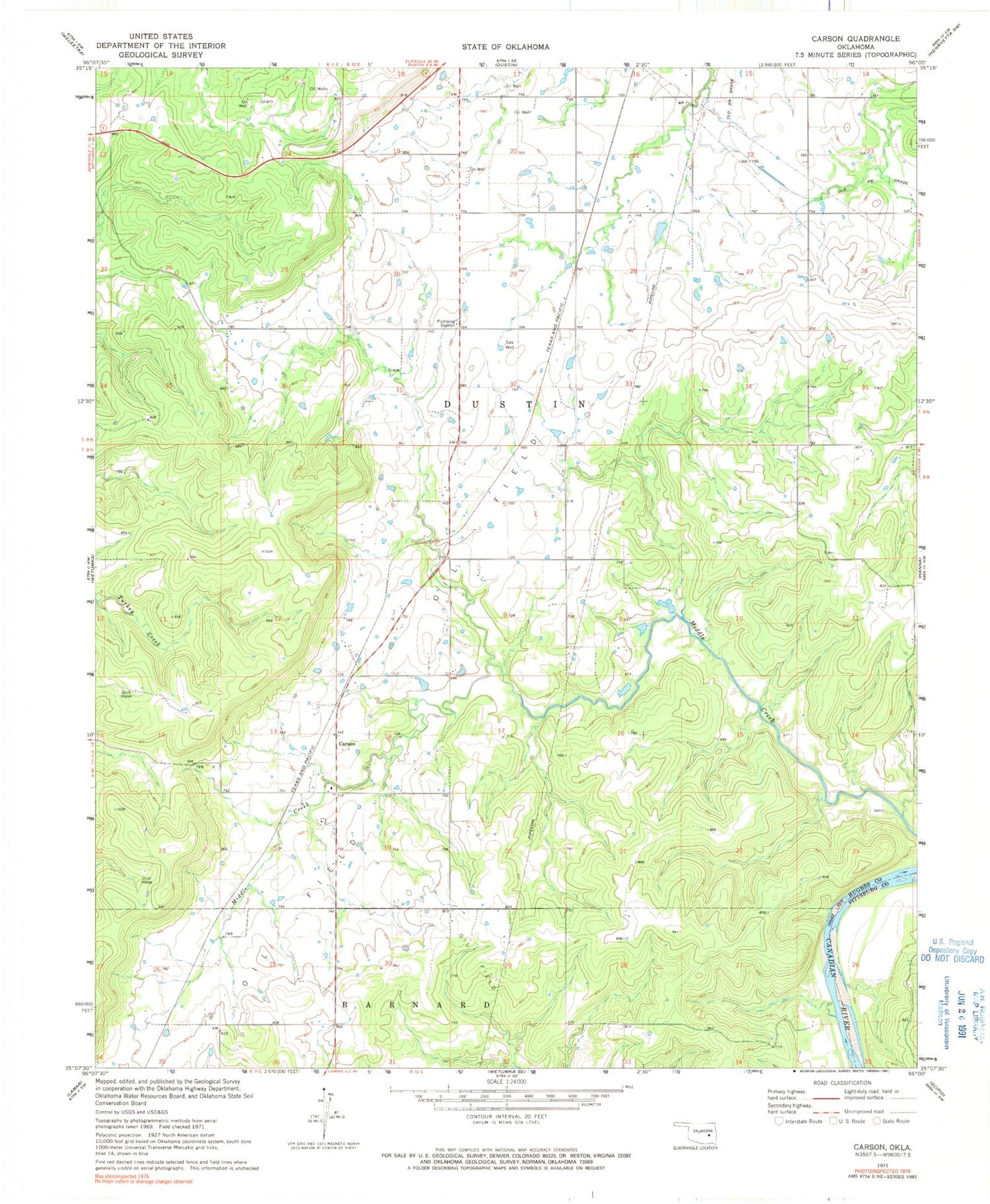 Classic USGS Carson Oklahoma 7.5'x7.5' Topo Map Image