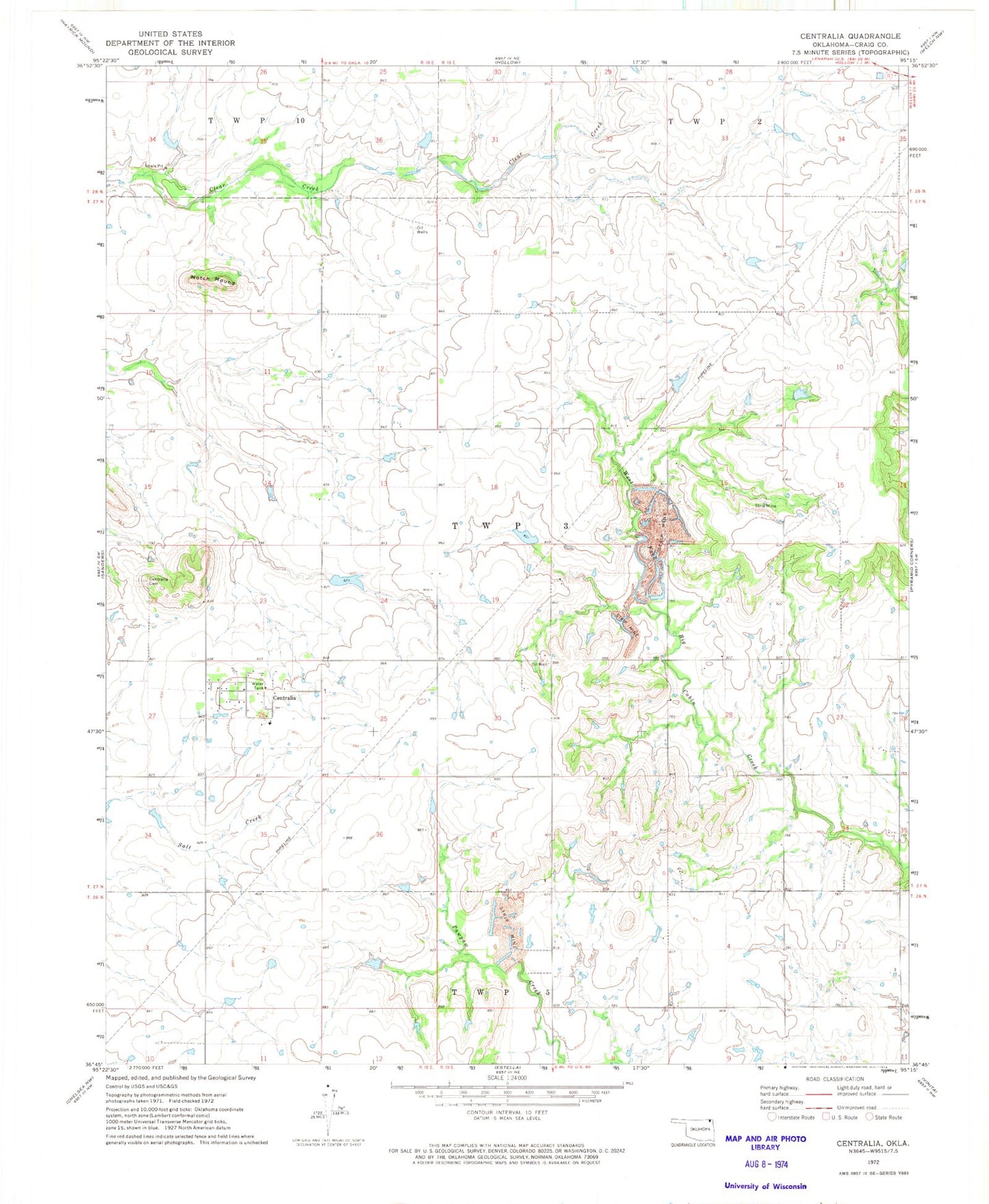 Classic USGS Centralia Oklahoma 7.5'x7.5' Topo Map Image