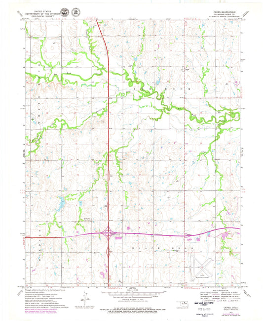 Classic USGS Ceres Oklahoma 7.5'x7.5' Topo Map Image