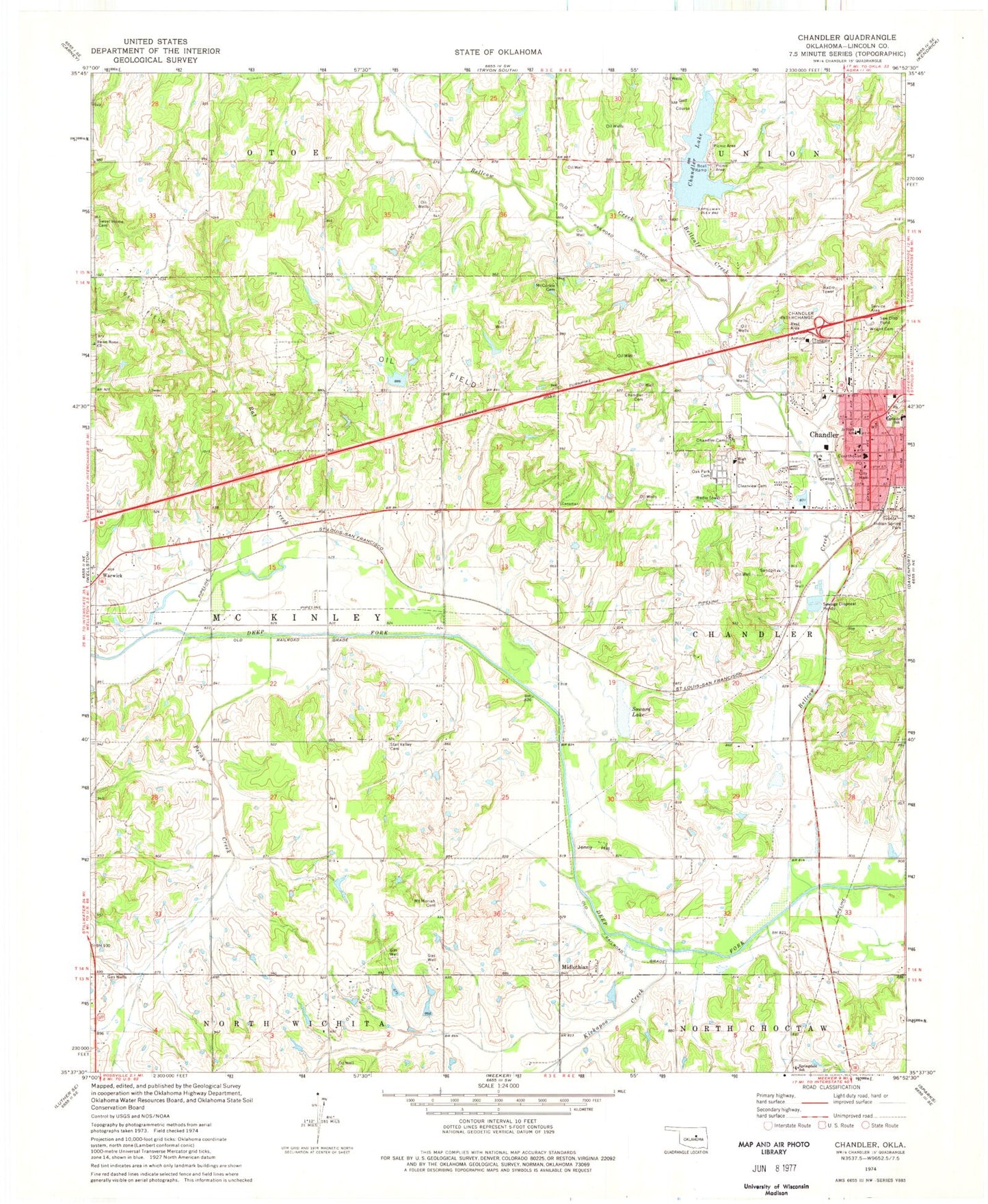 Classic USGS Chandler Oklahoma 7.5'x7.5' Topo Map Image