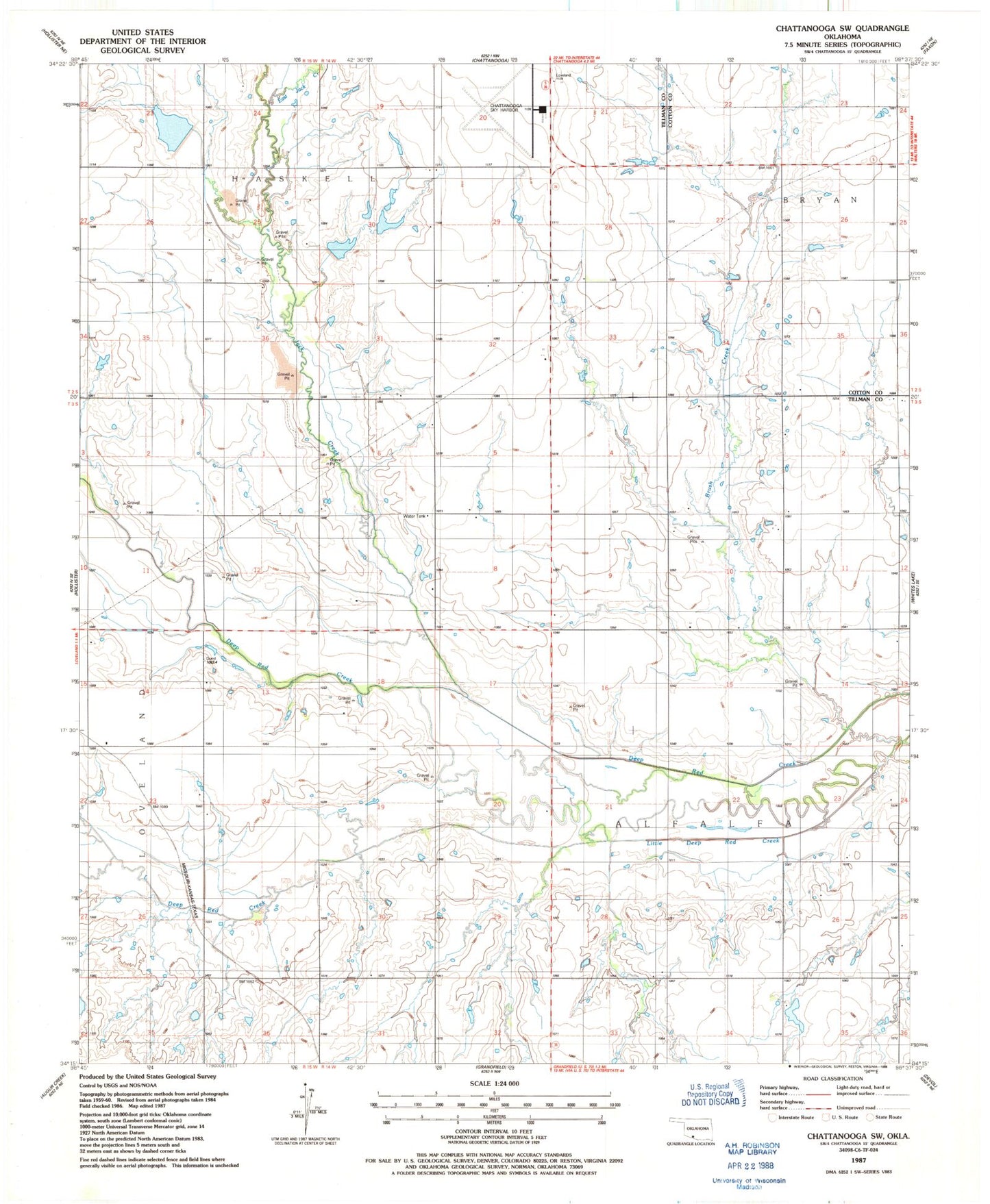 Classic USGS Chattanooga SW Oklahoma 7.5'x7.5' Topo Map Image