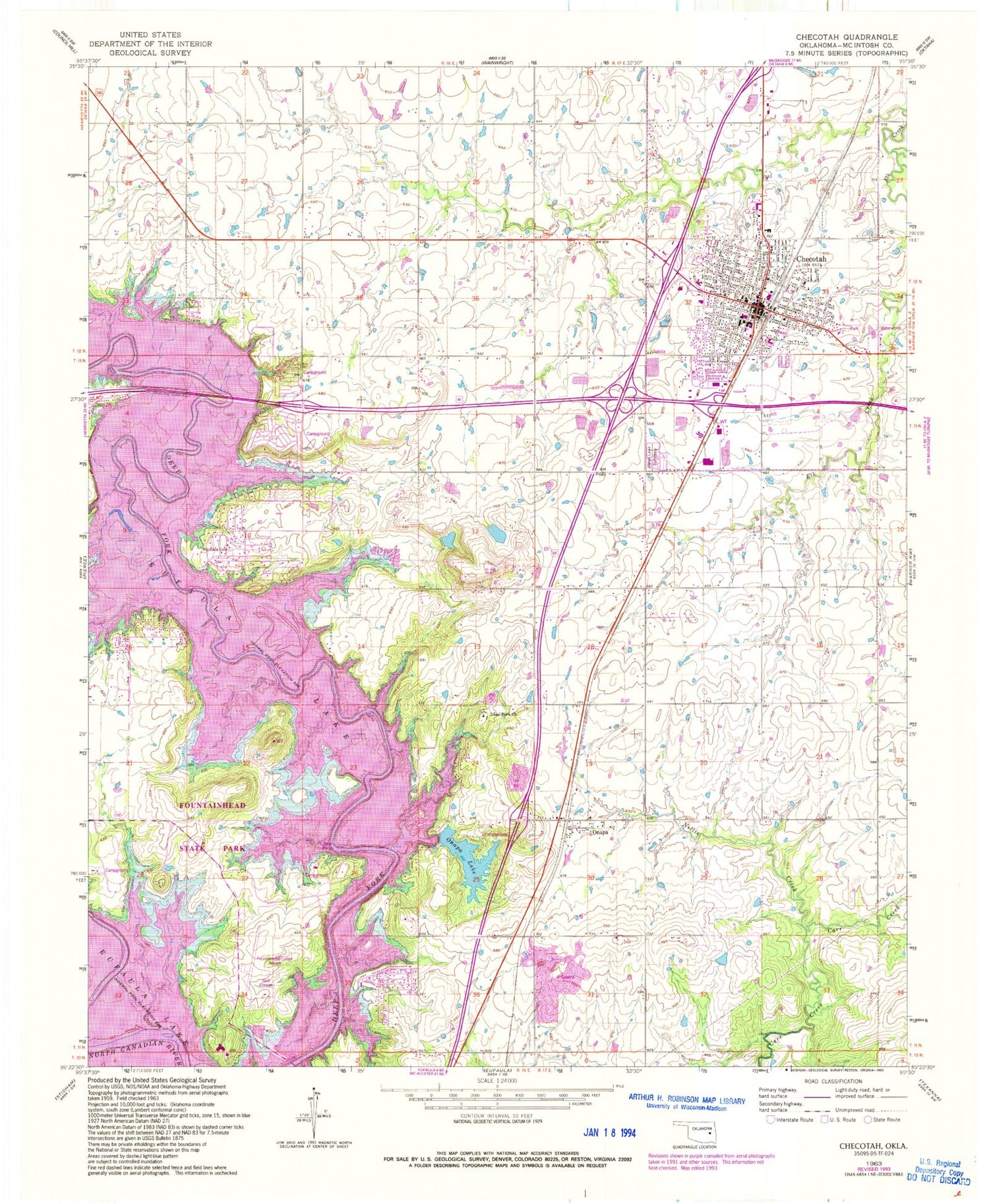 Classic USGS Checotah Oklahoma 7.5'x7.5' Topo Map Image