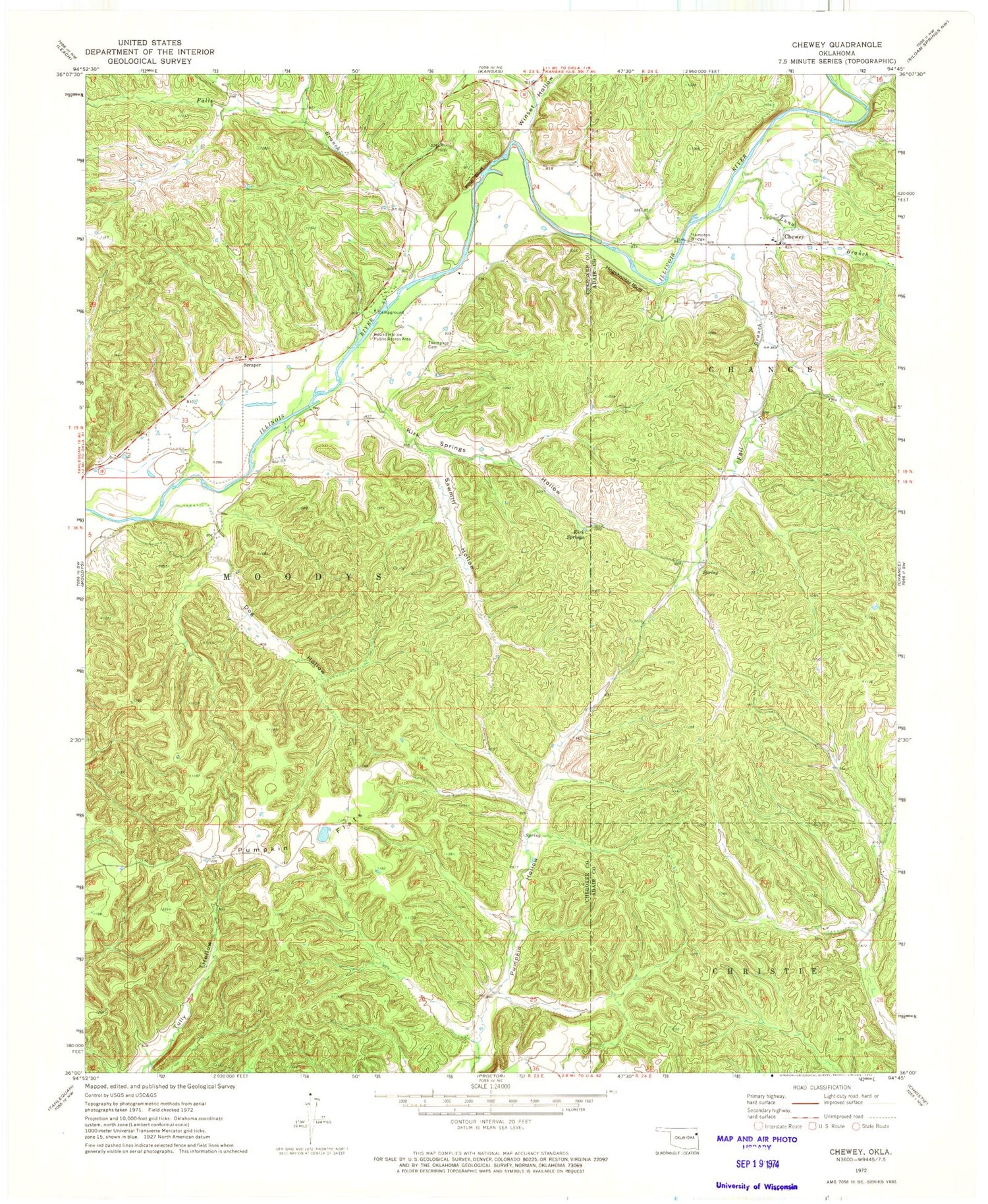 Classic USGS Chewey Oklahoma 7.5'x7.5' Topo Map Image