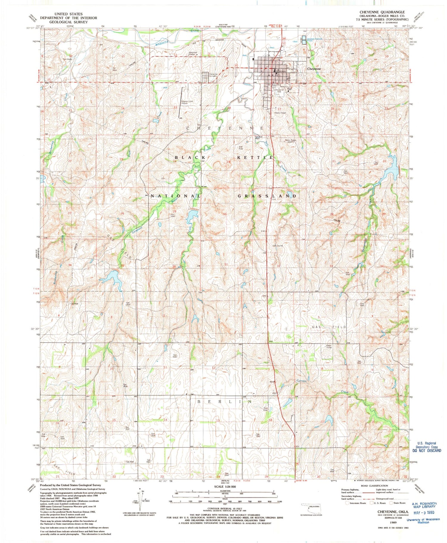 Classic USGS Cheyenne Oklahoma 7.5'x7.5' Topo Map Image