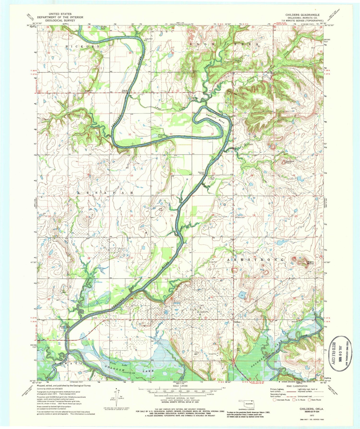 Classic USGS Childers Oklahoma 7.5'x7.5' Topo Map Image