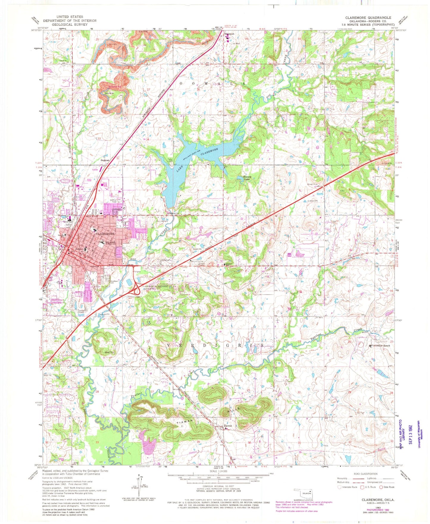 Classic USGS Claremore Oklahoma 7.5'x7.5' Topo Map Image