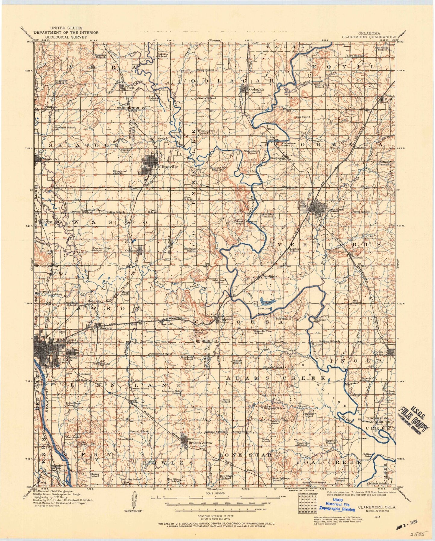 Historic 1914 Claremore Oklahoma 30'x30' Topo Map Image