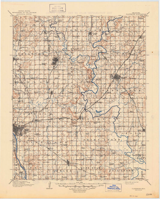 Historic 1916 Claremore Oklahoma 30'x30' Topo Map Image