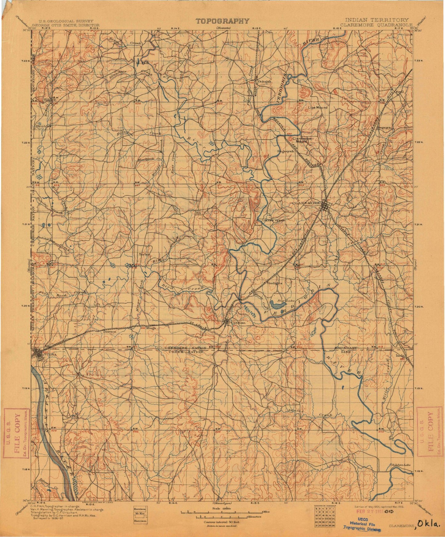 Historic 1901 Claremore Oklahoma 30'x30' Topo Map Image
