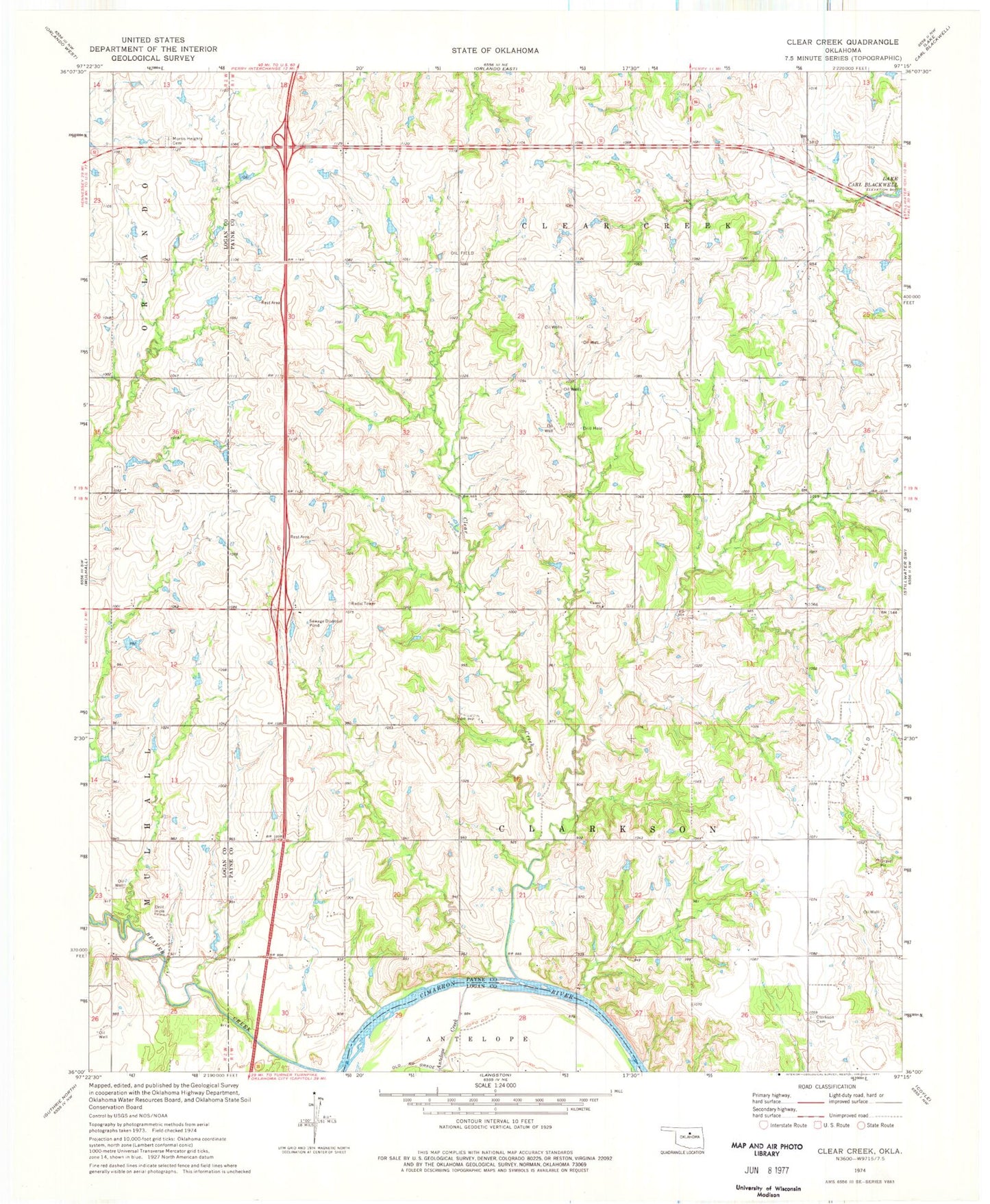 Classic USGS Clear Creek Oklahoma 7.5'x7.5' Topo Map Image