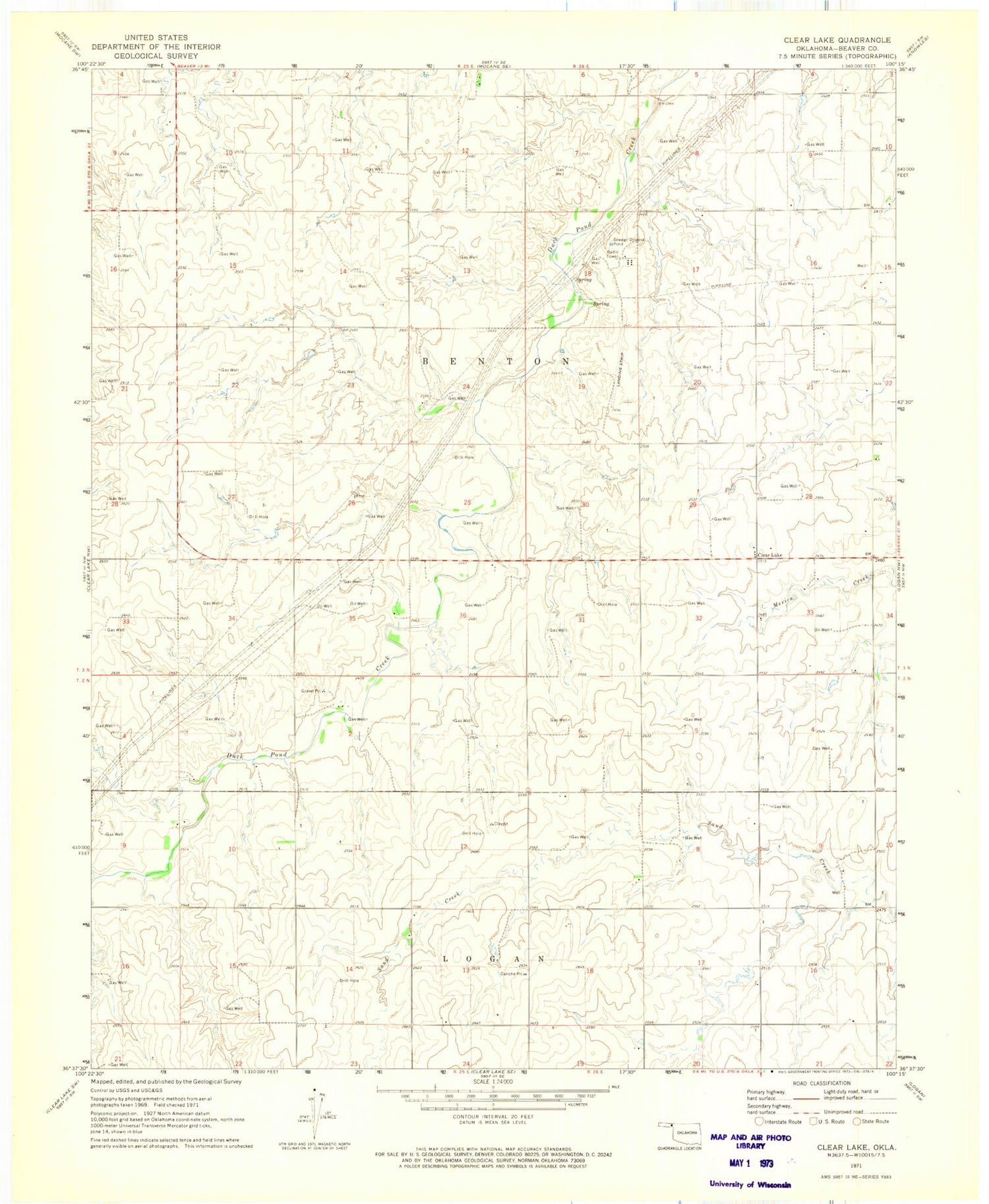 Classic USGS Clear Lake Oklahoma 7.5'x7.5' Topo Map Image