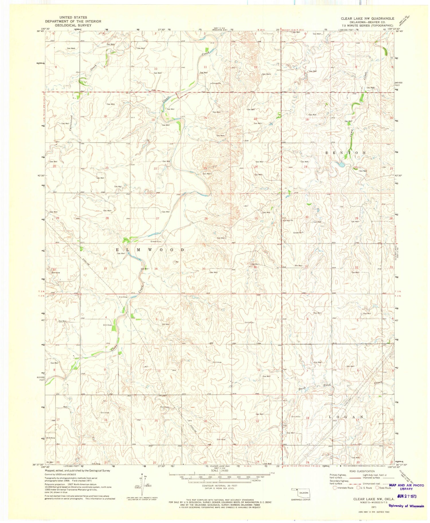 Classic USGS Clear Lake NW Oklahoma 7.5'x7.5' Topo Map Image