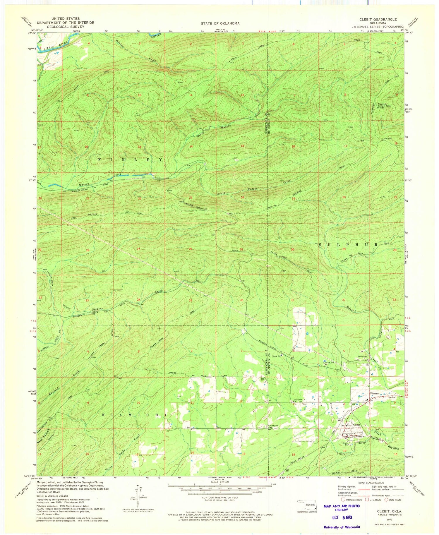 Classic USGS Clebit Oklahoma 7.5'x7.5' Topo Map Image
