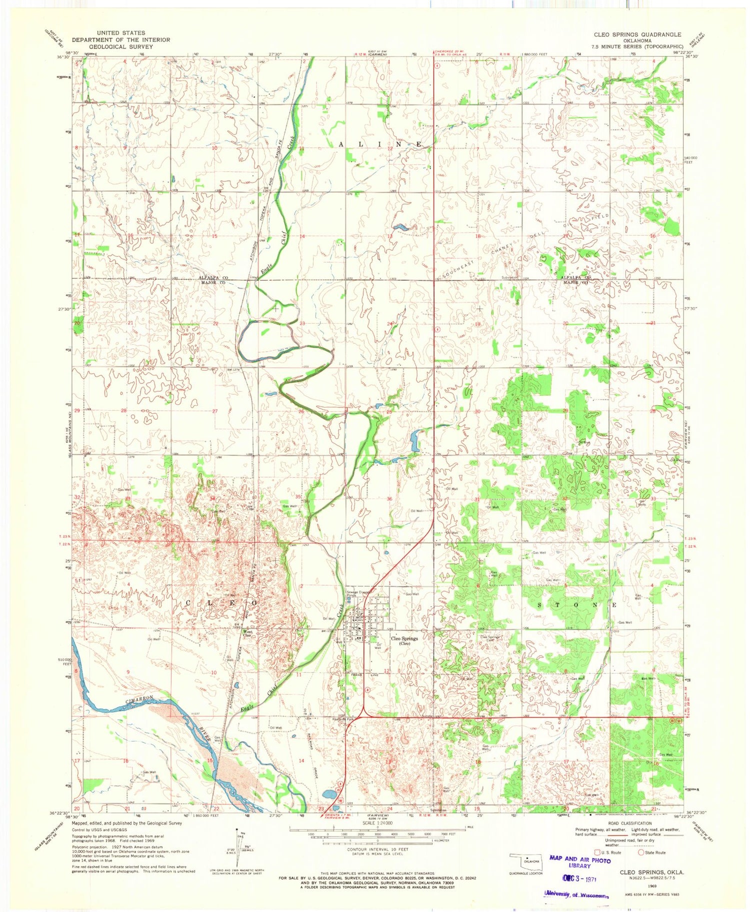 Classic USGS Cleo Springs Oklahoma 7.5'x7.5' Topo Map Image